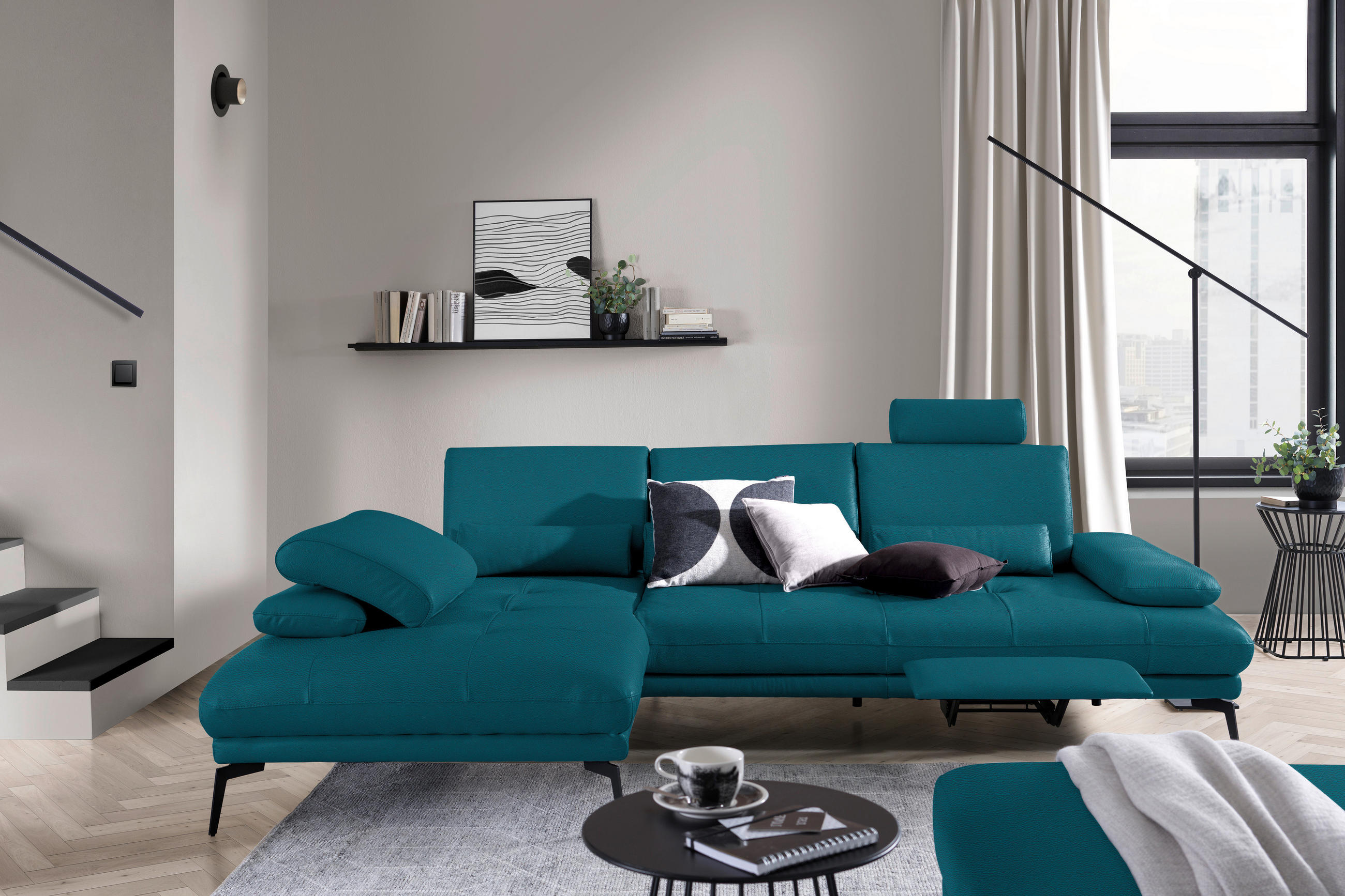 ECKSOFA in Echtleder Petrol  - Petrol/Schwarz, Design, Leder/Metall (187/273cm) - Celina Home