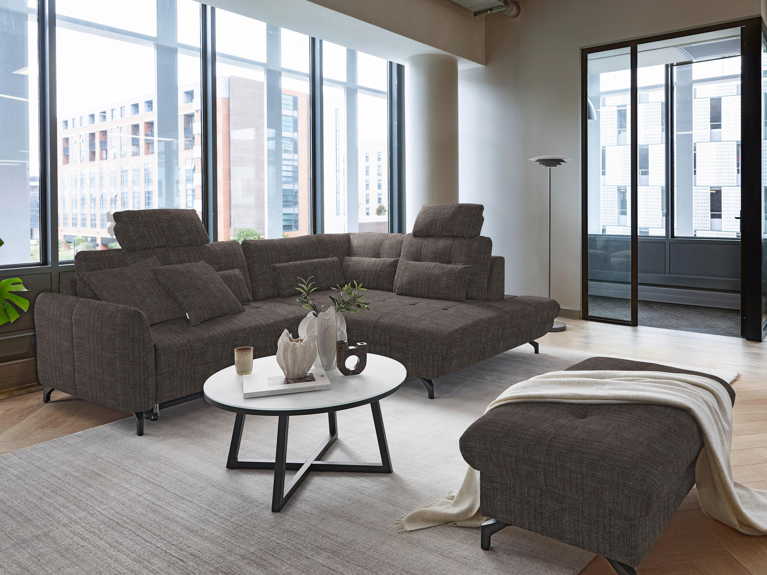 ECKSOFA in Flachgewebe, Leinenoptik Braun  247/208 cm  - Schwarz/Braun, Design, Textil/Metall (247/208cm) - Xora