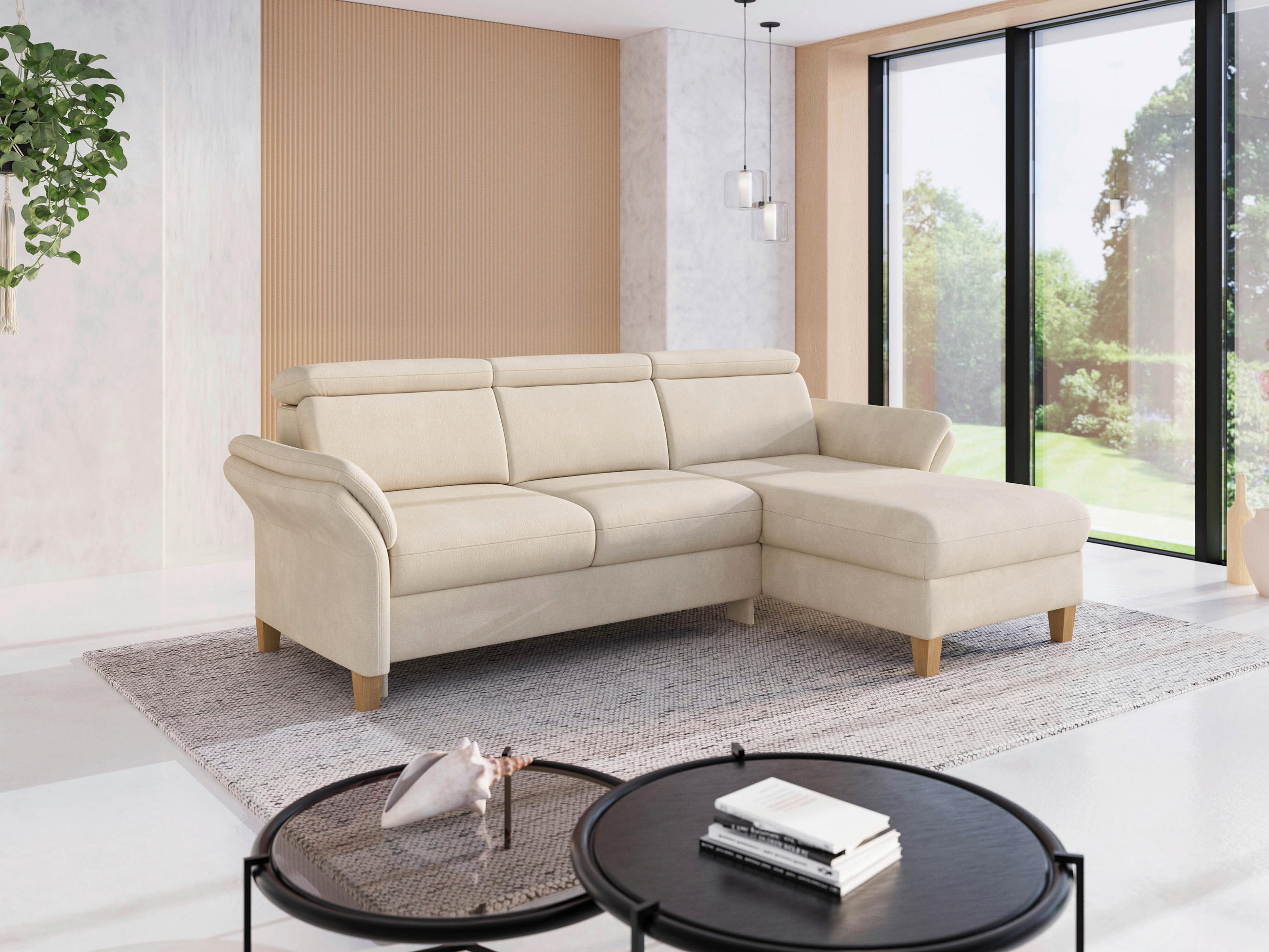 ECKSOFA GLENDALE E Sandfarben Chenille  - Sandfarben/Eichefarben, KONVENTIONELL, Holz/Textil (253/166cm) - Sit & More