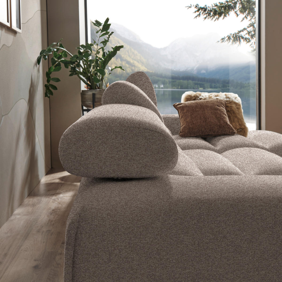 ECKSOFA in Velours Hellbraun  - Hellbraun/Buchefarben, Design, Holz/Textil (329/150cm) - Lomoco