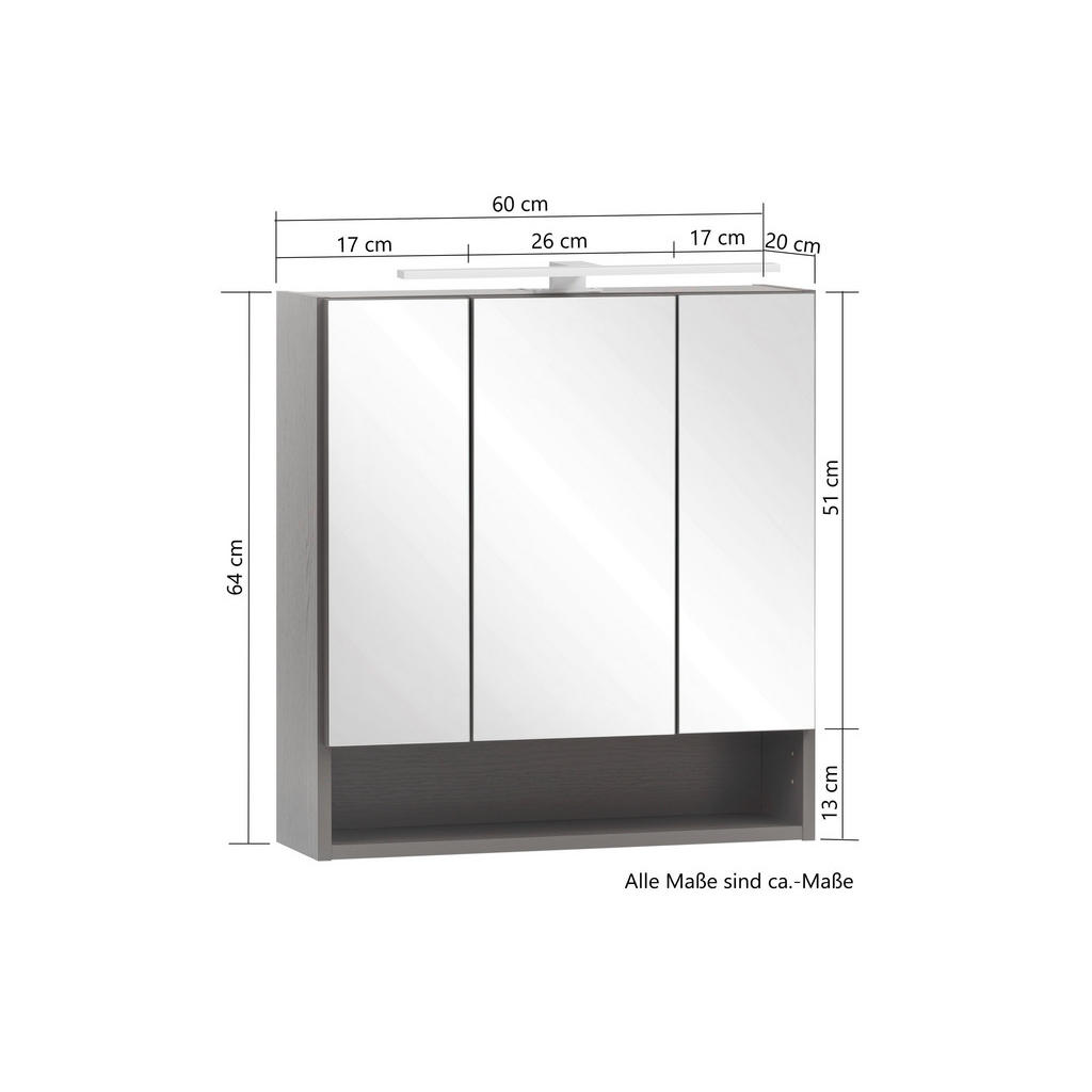 Thumbnail - Xora Spiegelschrank Bogen, Eiche Wotan, Metall, 6 Fächer, 60x64x20 cm, Made in Germany, Badezimmer, Badezimmerspiegel, S...
