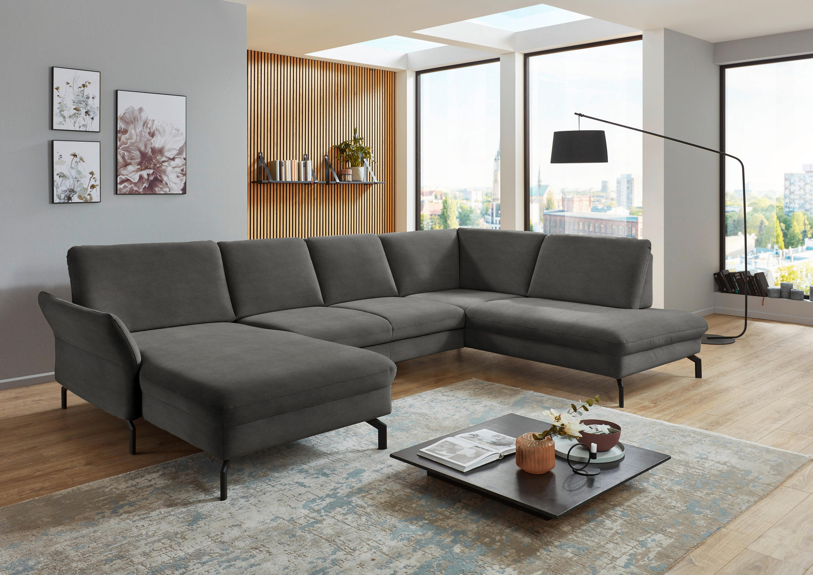WOHNLANDSCHAFT Grau Velours  - Schwarz/Grau, Design, Textil/Metall (179/335/220cm) - Beldomo System
