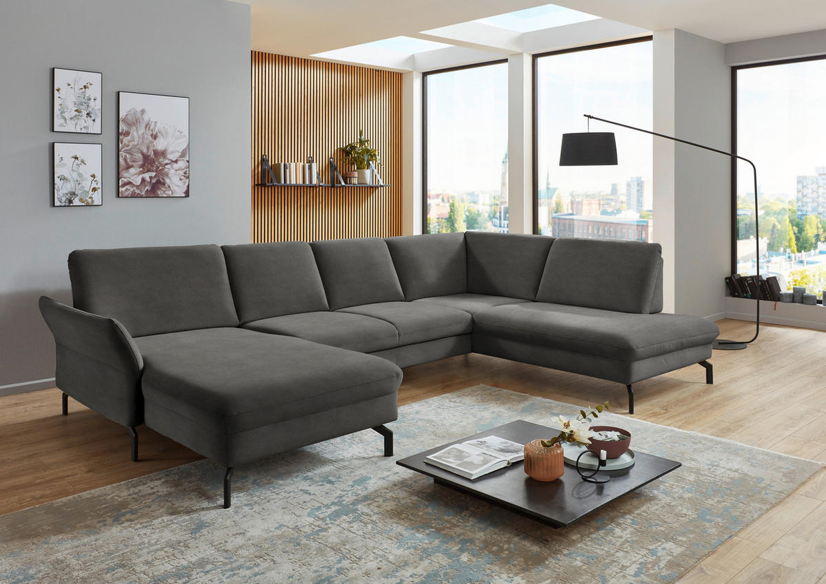 WOHNLANDSCHAFT in Velours Grau  - Schwarz/Grau, Design, Textil/Metall (179/335/220cm) - Beldomo System