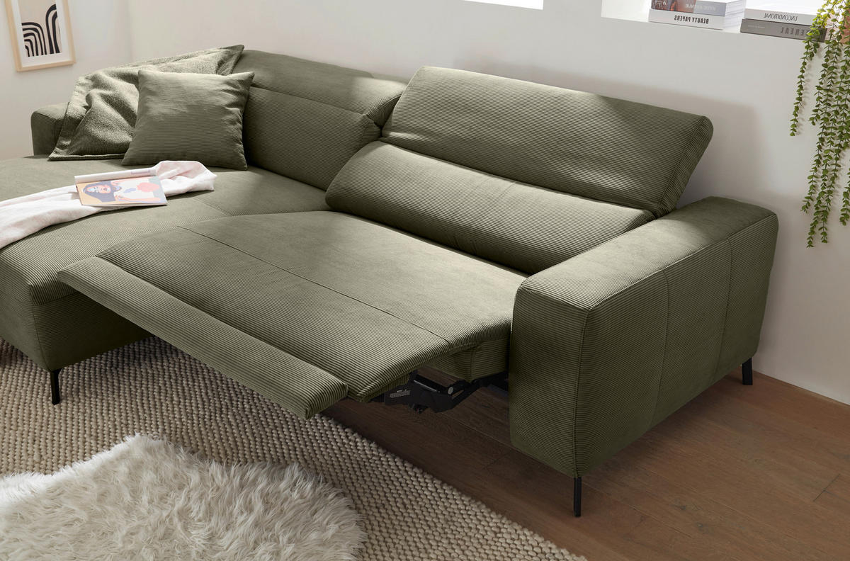 ECKSOFA in Feincord Olivgrün  - Schwarz/Olivgrün, Design, Textil/Metall (172-177/294cm) - Pure Home Lifestyle