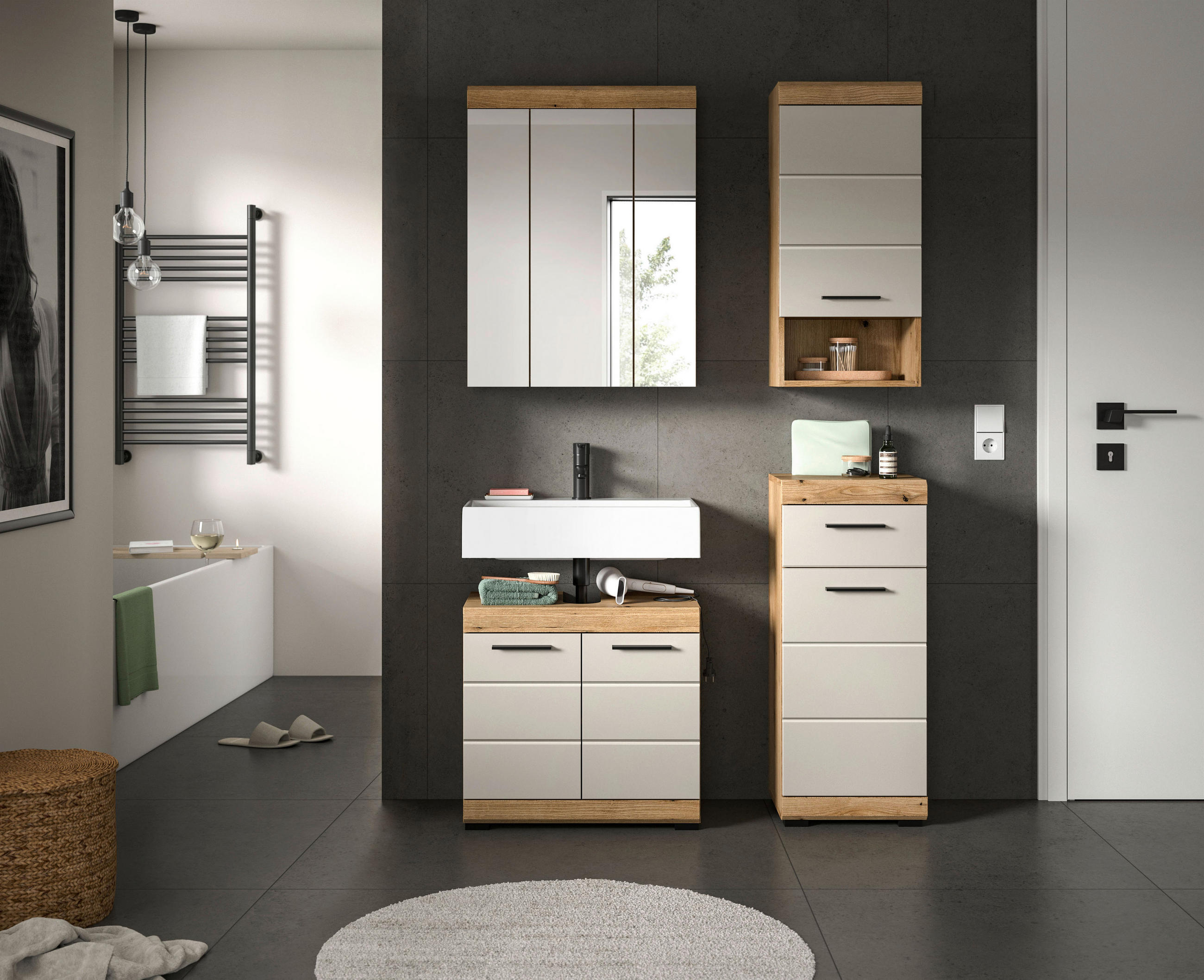 BADEZIMMER 4-teilig  in 134 cm  - Kaschmir/Schwarz, MODERN, Glas/Holzwerkstoff (134cm) - MID.YOU