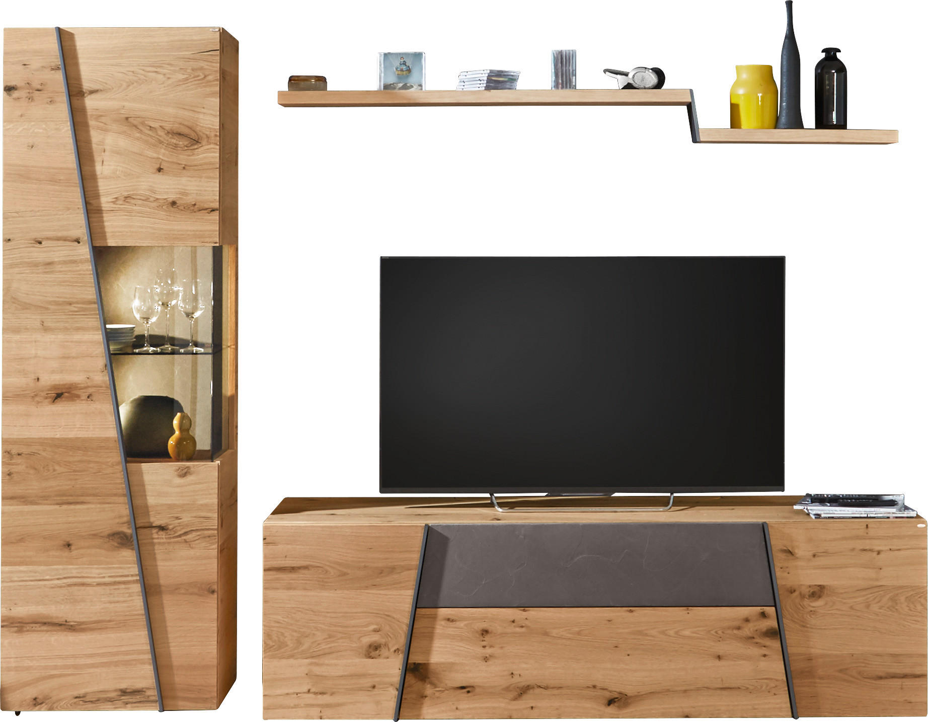 Wohnwand in Grau, Eichefarben