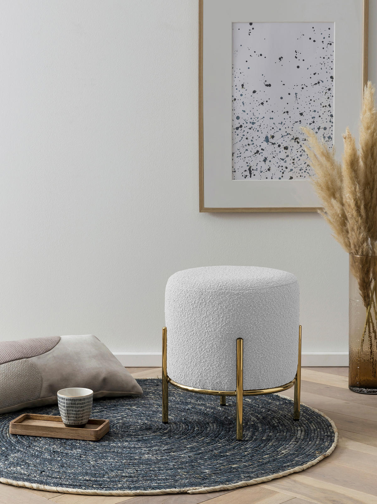 HOCKER Bouclé Weiß, Goldfarben  - Goldfarben/Weiß, MODERN, Textil/Metall (35/38/35cm) - Livetastic