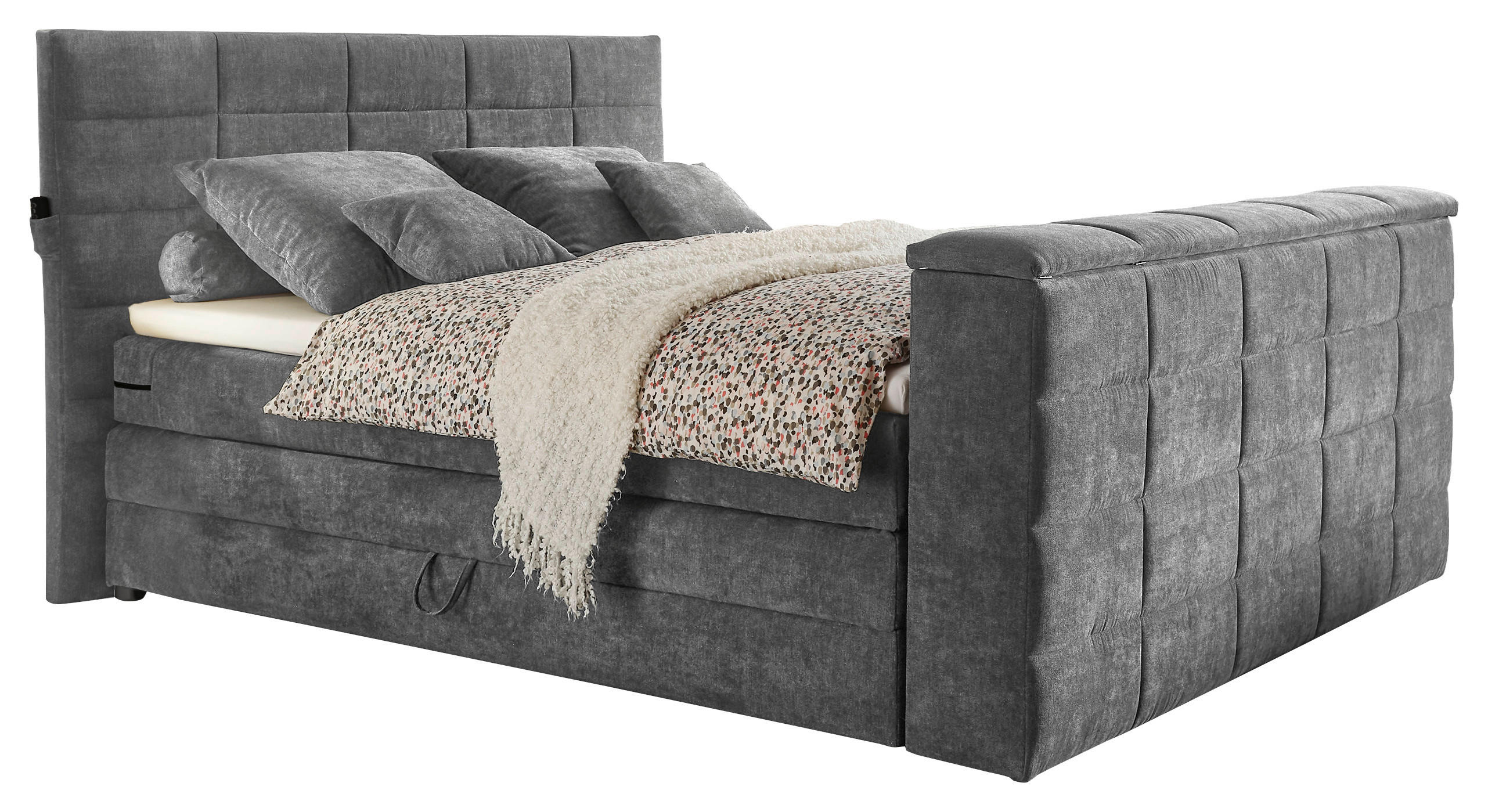 BOXSPRINGBETT 180/200 cm,  in Dunkelgrau, Matratze, Bettkasten, Topper, Fernbedienung, unterschiedliche Matratzenhärtegrade je Bettseite, Wendematratze mit unterschiedlichen Härtegraden, H2 + H3 = mittel + fest  - Dunkelgrau, KONVENTIONELL, Textil (180/200cm) - Boxxx