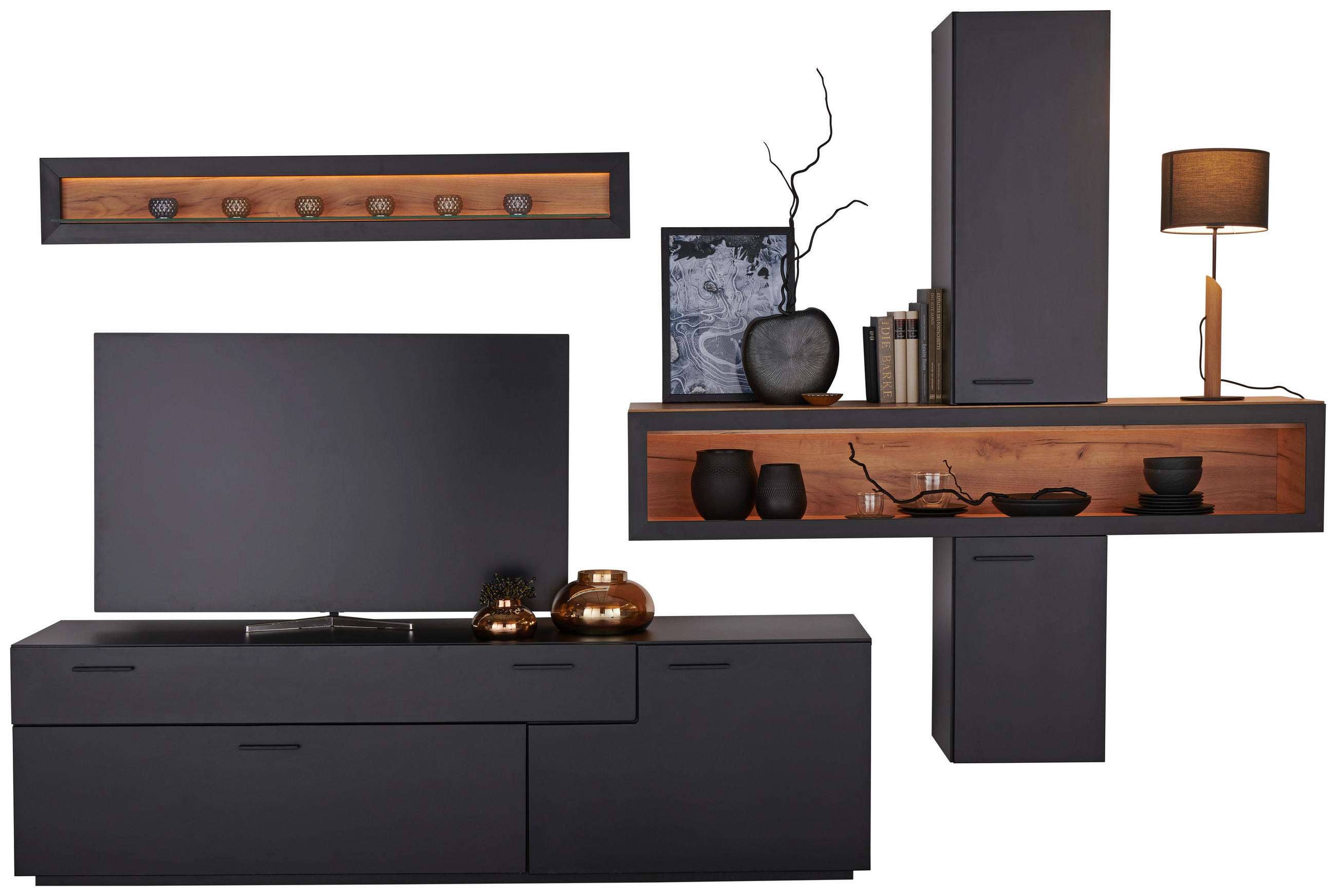 Wohnwand in Schwarz, Eichefarben