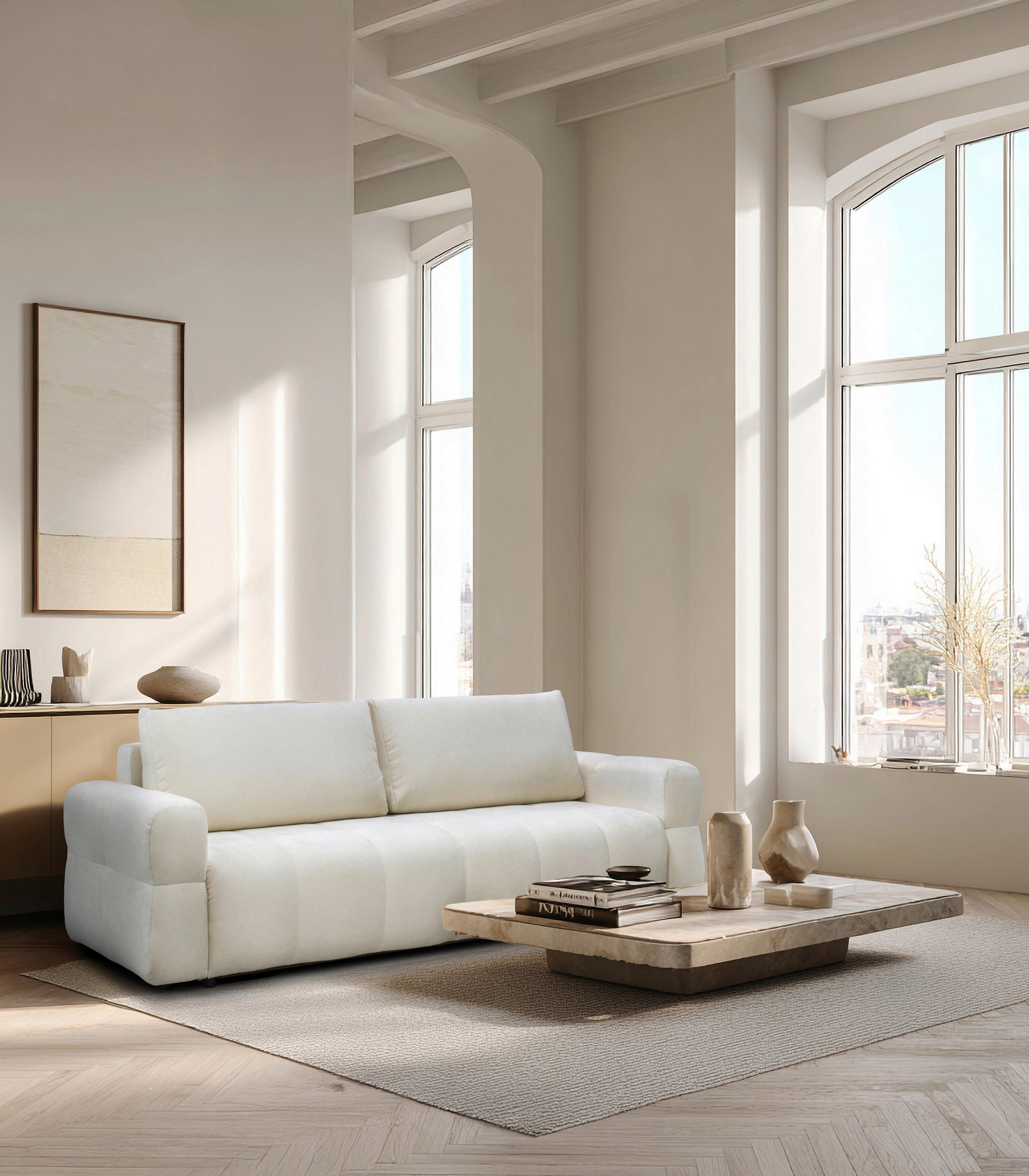 SCHLAFSOFA LOTTA  mit Chenille Creme  - Creme/Schwarz, Design, Textil (248/90/105cm) - MID.YOU