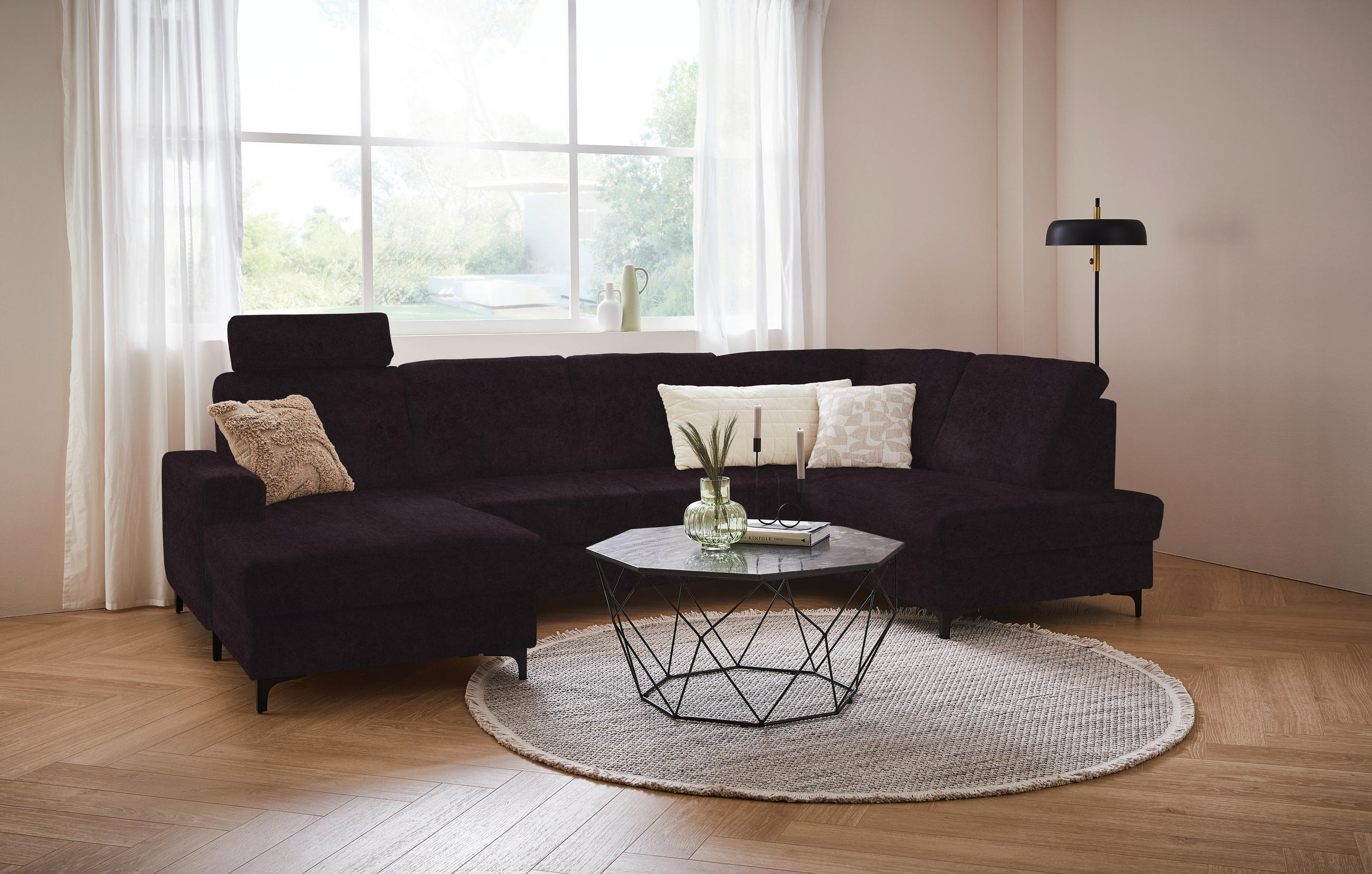 WOHNLANDSCHAFT Aubergine Flachgewebe  - Aubergine/Schwarz, KONVENTIONELL, Textil/Metall (167/317/185cm) - Stylife