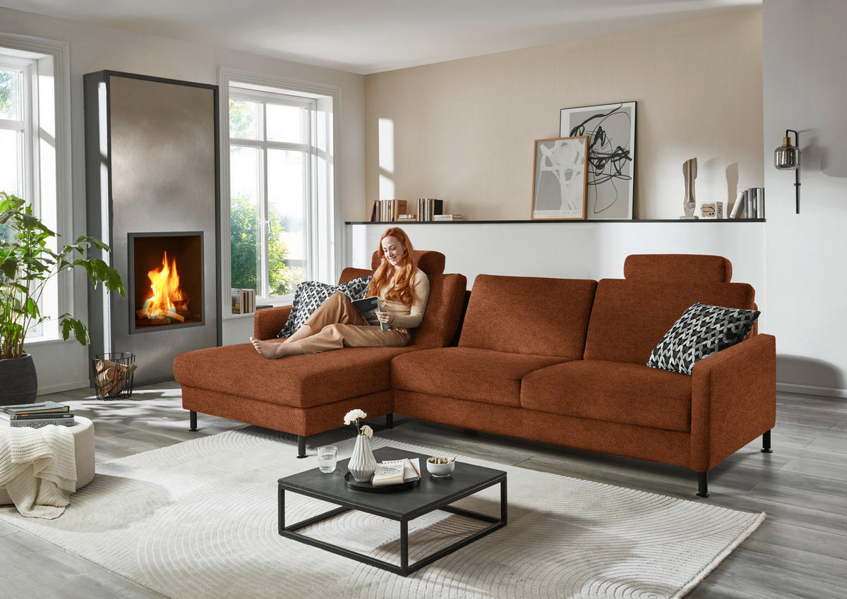 ECKSOFA Chenille, Flachgewebe Rostfarben  - Rostfarben/Schwarz, Design, Textil/Metall (175/316cm) - Dieter Knoll