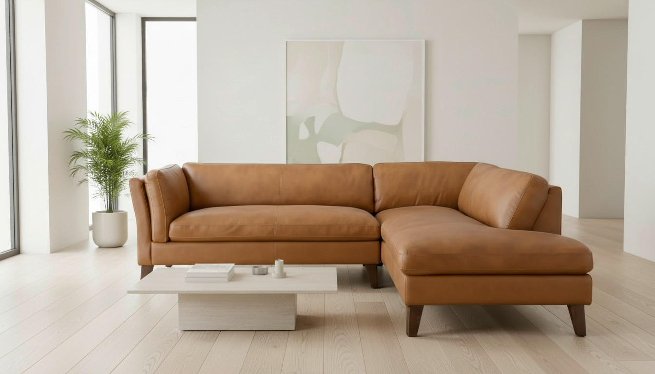 ECKSOFA SERA Cognac Echtleder Lederlook  - Cognac/Dunkelbraun, Design, Leder/Holz (235/194cm) - Livetastic