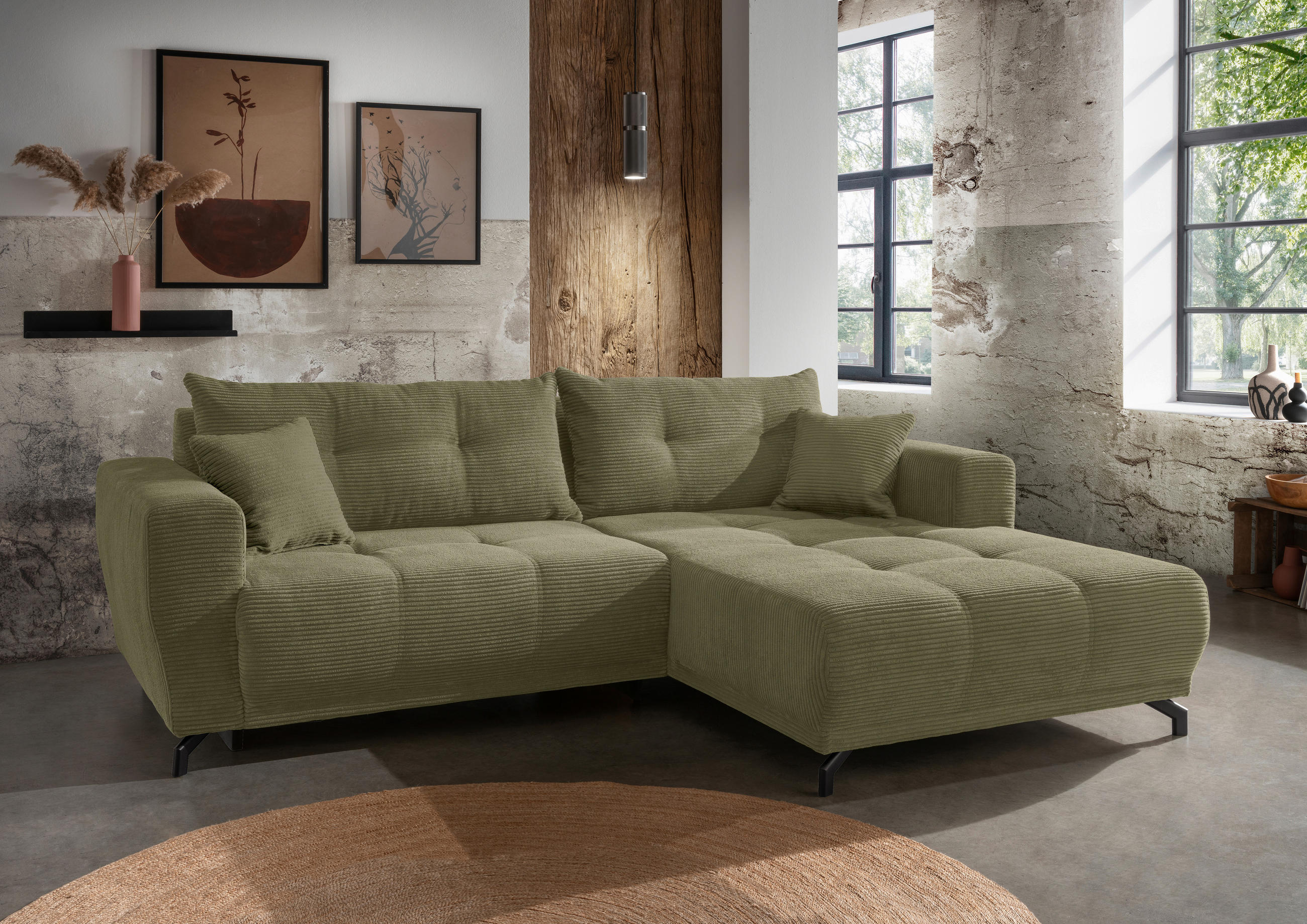 ECKSOFA Olivgrün Cord  - Schwarz/Olivgrün, MODERN, Holz/Textil (246/177cm) - MID.YOU