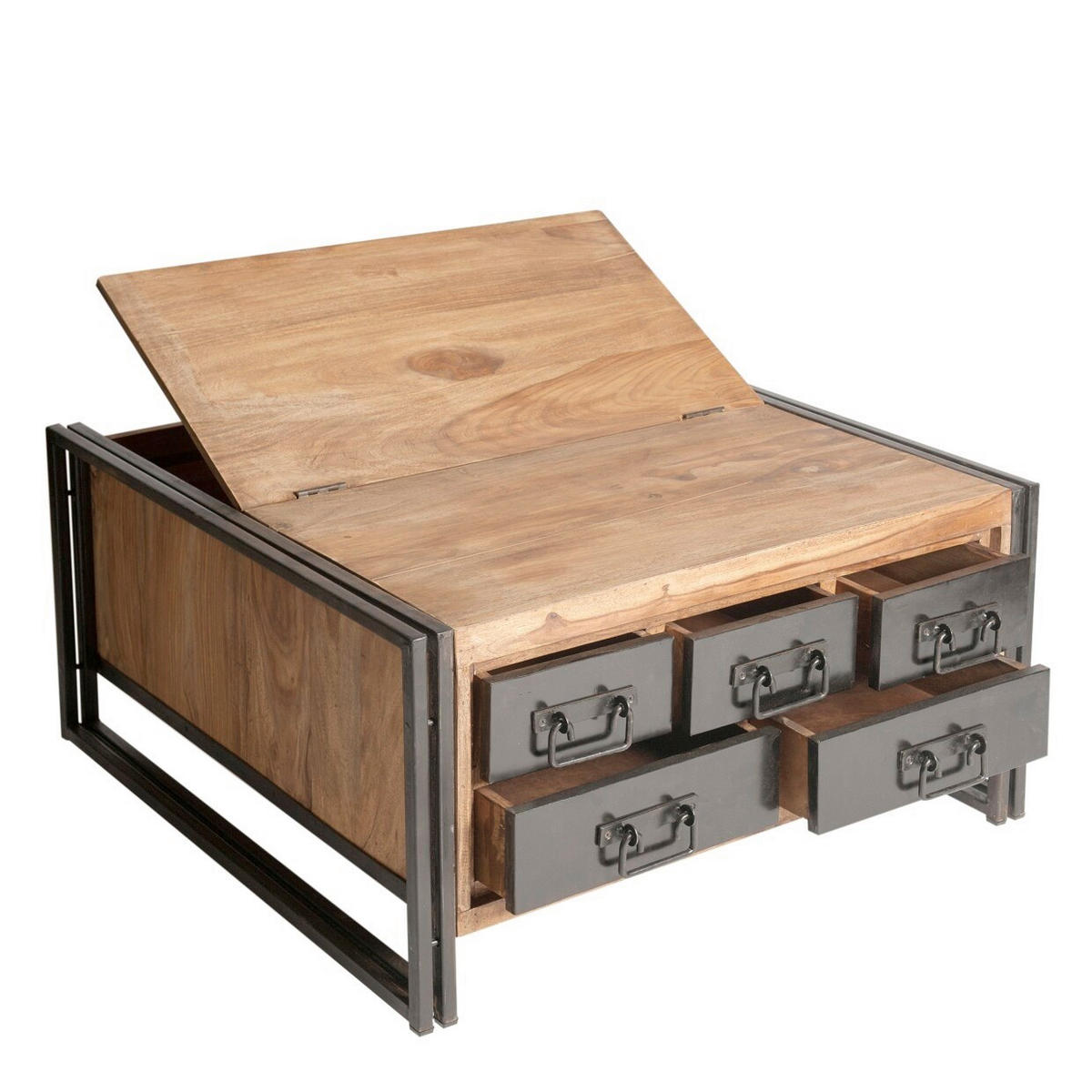 COUCHTISCH Akazie massiv 90/90/47 cm quadratisch Naturfarben, Schwarz  - Schwarz/Naturfarben, Design, Holz/Metall (90/90/47cm) - MID.YOU