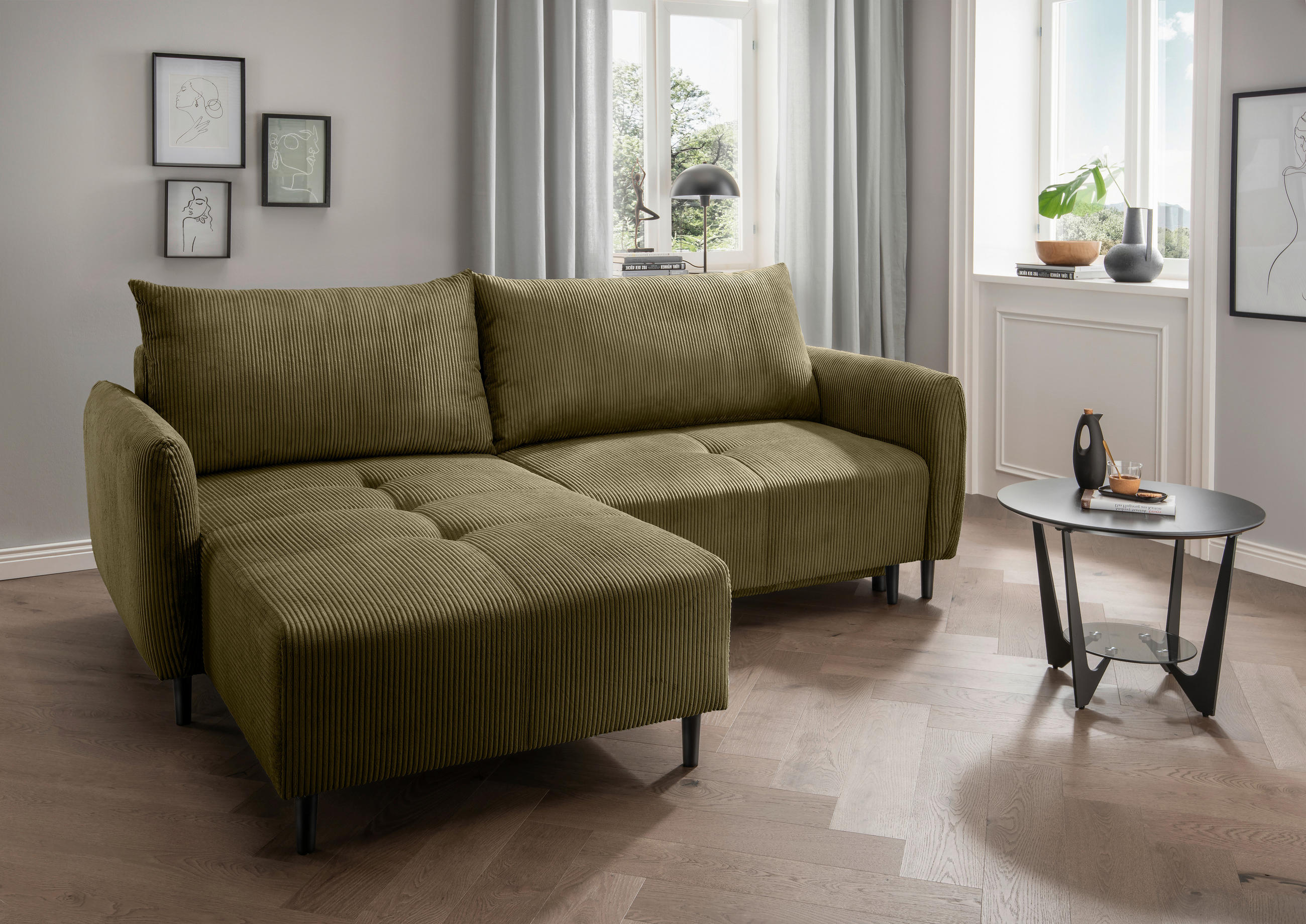 ECKSCHLAFSOFA in Cord Olivgrün  - Schwarz/Olivgrün, Basics, Holz/Textil (238/174cm) - Livetastic