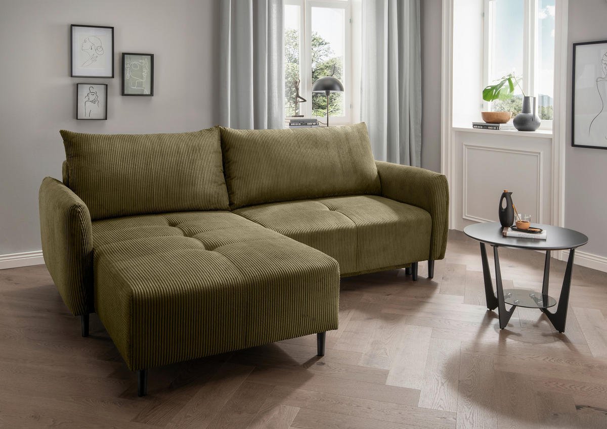 ECKSCHLAFSOFA  mit Liegefunktion, Rücken echt Cord Olivgrün  - Schwarz/Olivgrün, Basics, Holz/Textil (238/174cm) - Livetastic