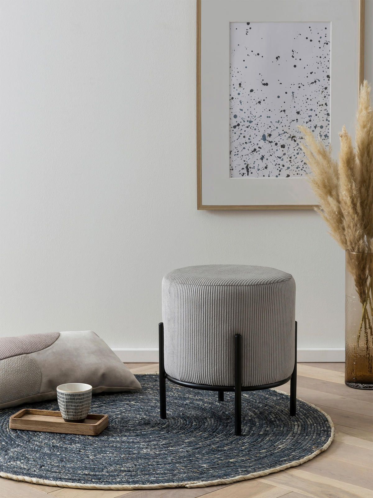 HOCKER Cord Schwarz, Hellgrau  - Hellgrau/Schwarz, MODERN, Textil/Metall (35/38/35cm) - Livetastic