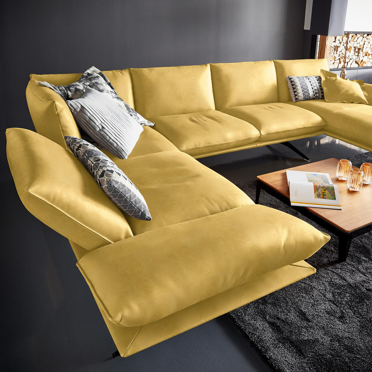 WOHNLANDSCHAFT in Echtleder Gelb  - Gelb/Schwarz, Natur, Leder/Metall (217/359/155cm) - Dieter Knoll