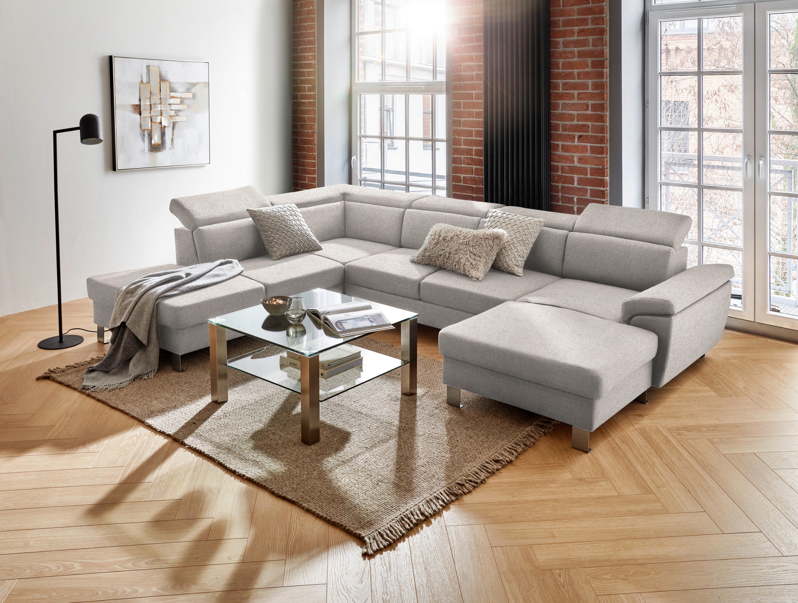 WOHNLANDSCHAFT inkl.Funktionen Ecru Webstoff  - Ecru/Silberfarben, Design, Textil/Metall (226/320/168cm) - Xora