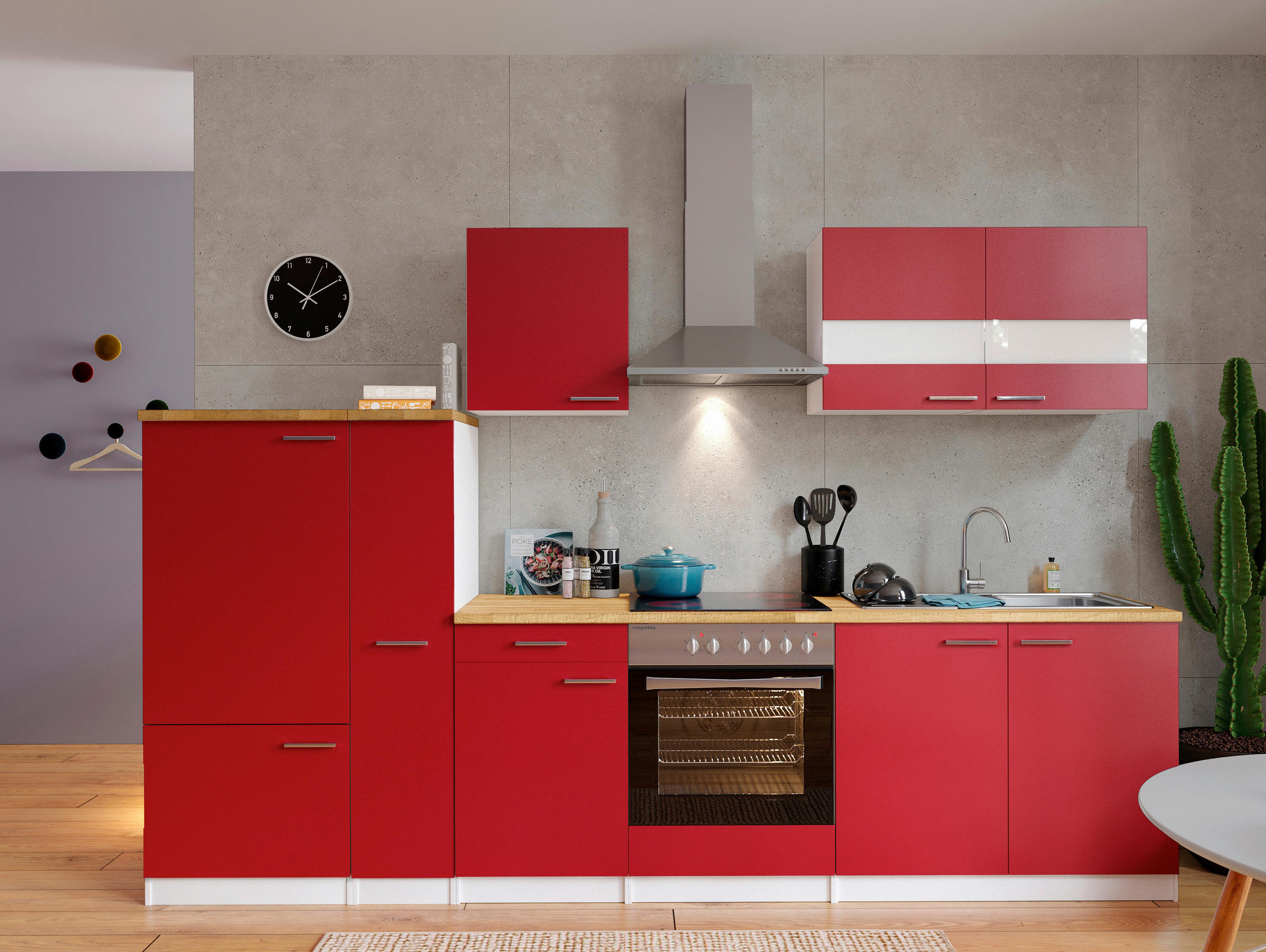 KÜCHENBLOCK 300 cm   in Rot  - Weiss/Edelstahlfarben, Basics, Holzwerkstoff/Metall (300cm) - Respekta