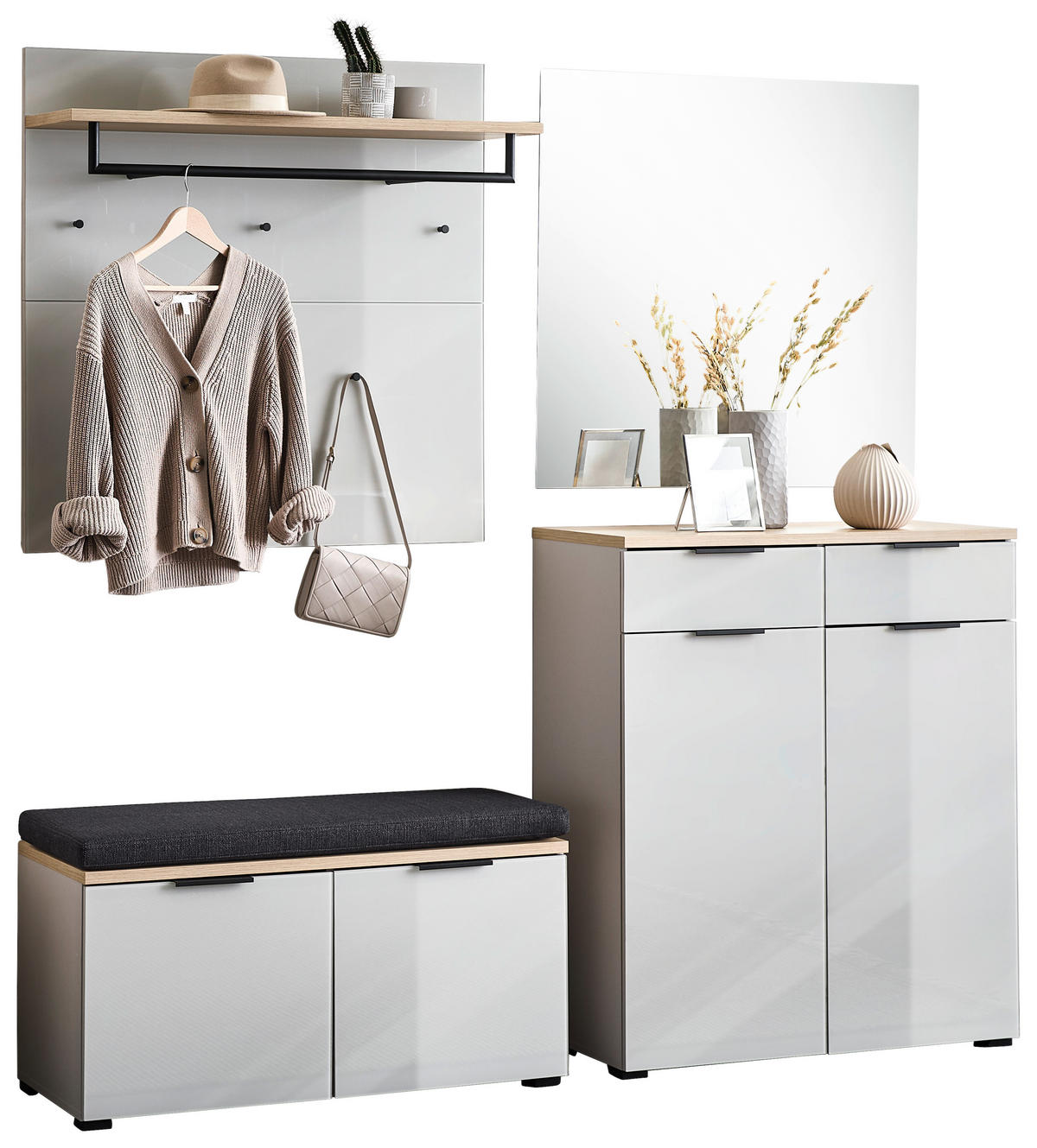 GARDEROBE 5-teilig  in 200/197/40 cm  - Kaschmir/Eichefarben, Design, Glas/Holzwerkstoff (200/197/40cm) - Voleo