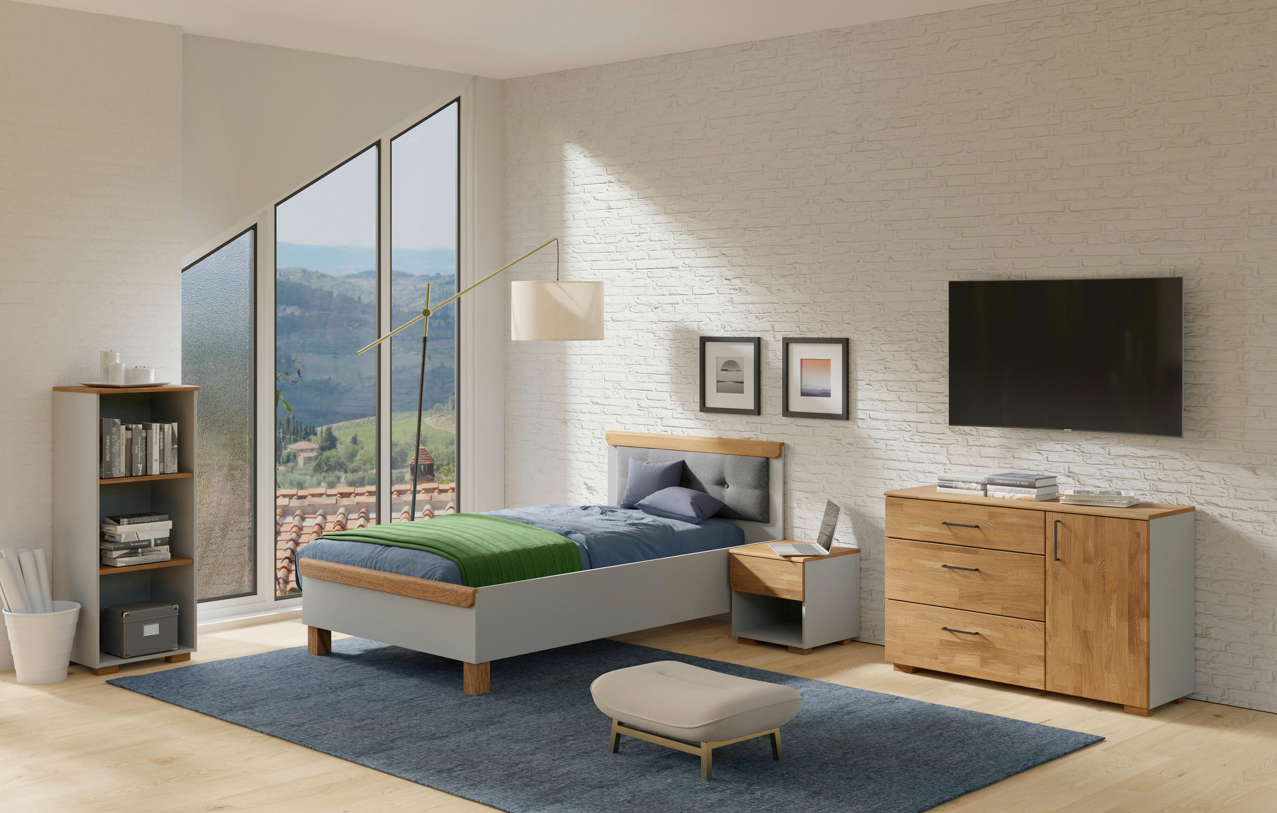 BETT Eiche massiv 90/200 cm Grau, Eichefarben  - Eichefarben/Grau, KONVENTIONELL, Holz/Textil (90/200cm) - Cantus