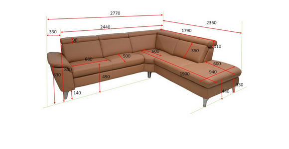 ECKSOFA in Echtleder Braun  239/271 cm  - Schwarz/Braun, Design, Leder/Metall (239/271cm) - Cantus