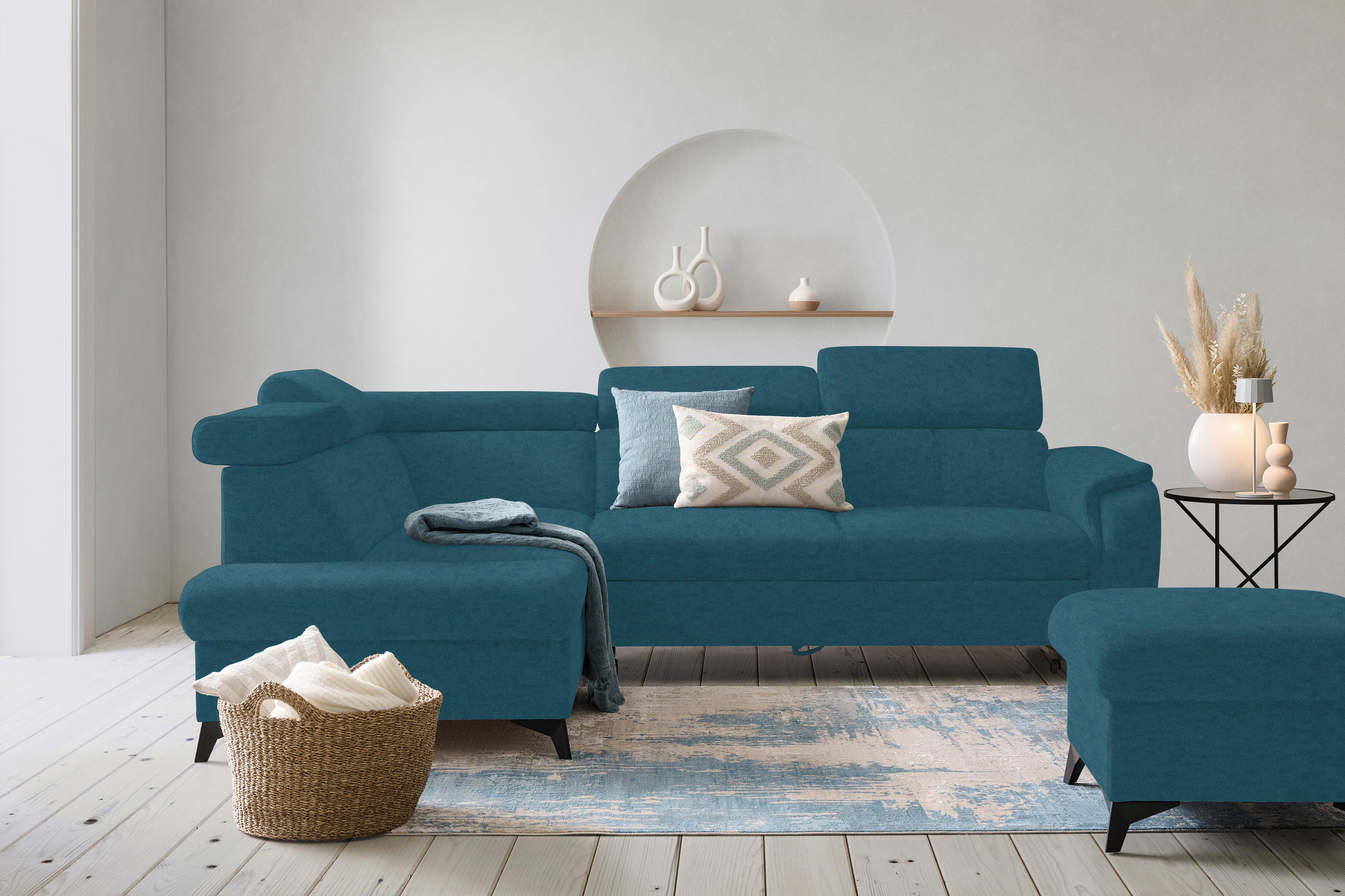 ECKSOFA in Mikrofaser Blau  - Blau/Schwarz, Design, Textil/Metall (203/260cm) - Stylife