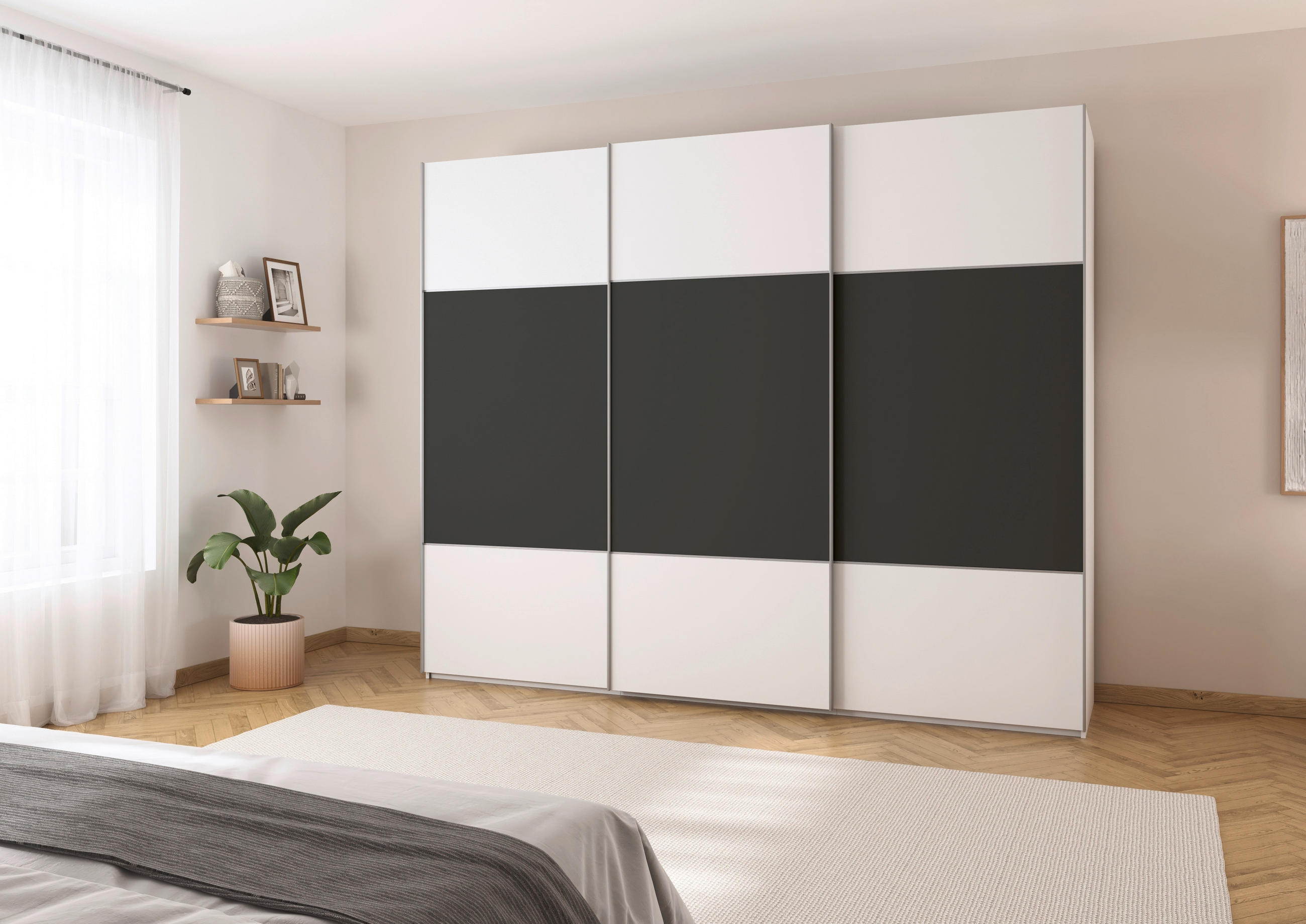 SCHWEBETÜRENSCHRANK 242/223/68 cm 3-türig Graphitfarben, Weiß  - Alufarben/Graphitfarben, KONVENTIONELL, Holzwerkstoff/Metall (242/223/68cm) - Novel
