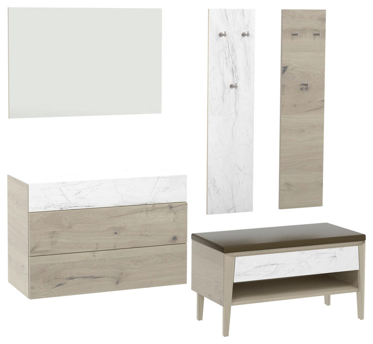 GARDEROBE 5-teilig  in 220/194/42,6 cm  - Weiss/Eichefarben, Natur, Glas/Leder (220/194/42,6cm) - Voglauer