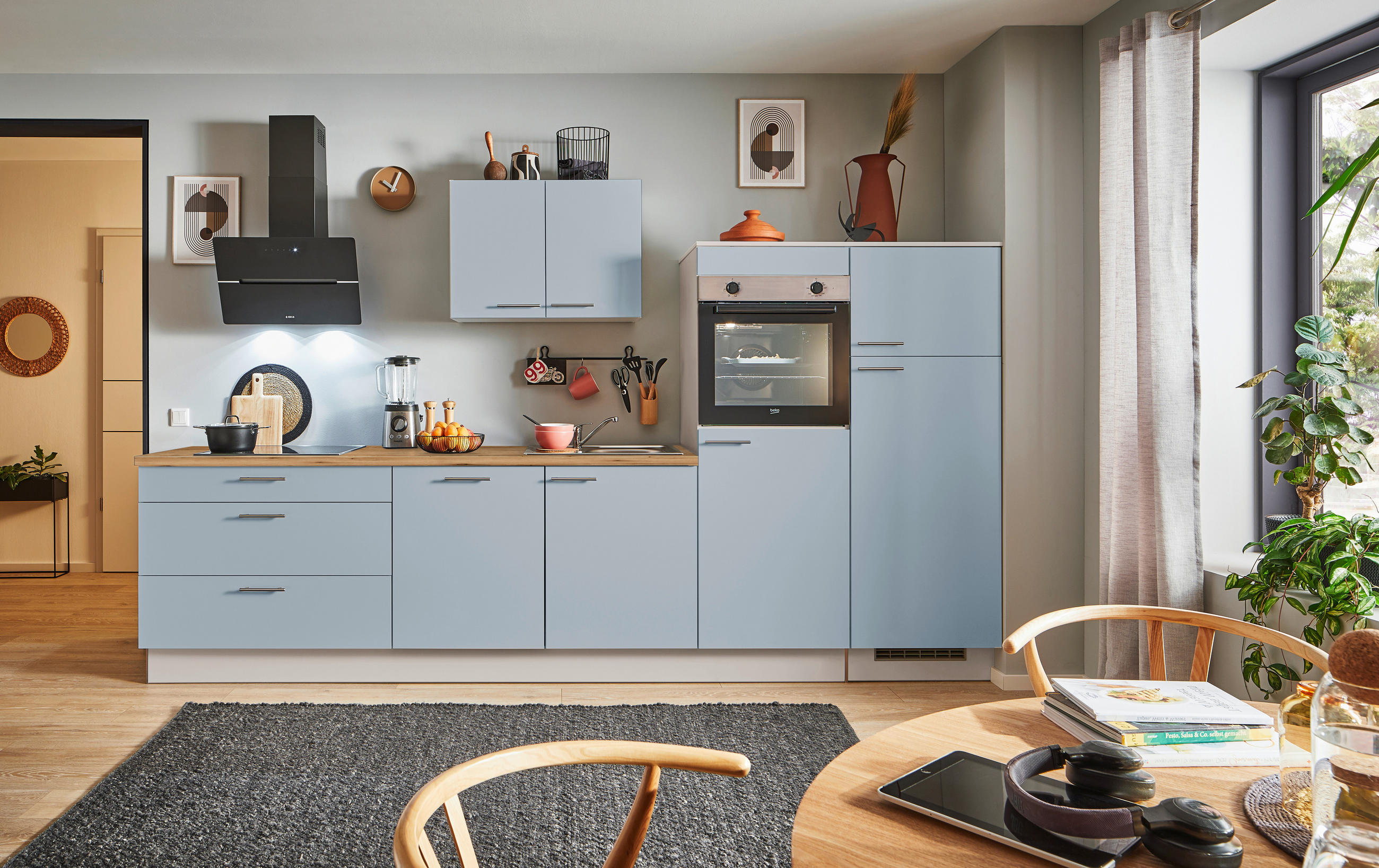 KÜCHENBLOCK PN 105 310 cm  in Eichefarben, Kaschmir, Pastellblau  - Kaschmir/Edelstahlfarben, Design, Holzwerkstoff/Metall (310cm) - Pino