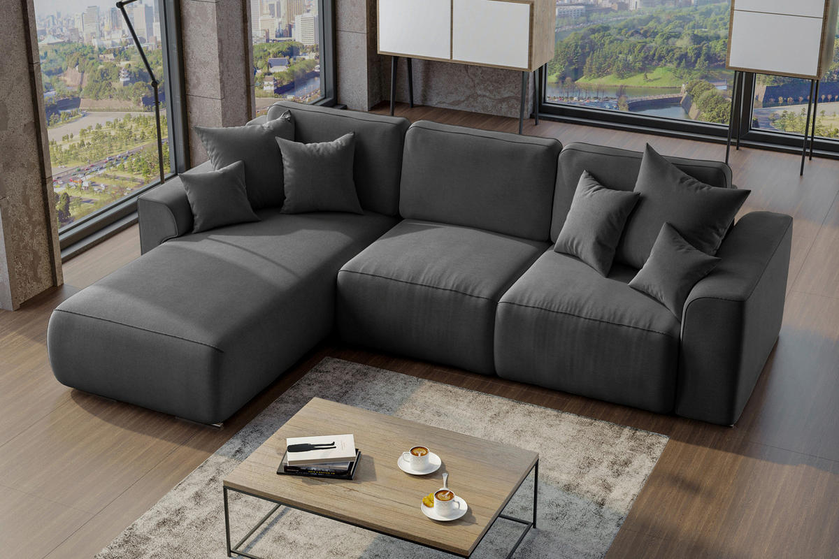 ECKSOFA Dunkelgrau Velours Zierkissen, Rückenkissen, Bettkasten, Schlaffunktion, Rücken echt, Liegefläche im Originalstoff  - Chromfarben/Dunkelgrau, KONVENTIONELL, Kunststoff/Textil (195/293cm) - Carryhome