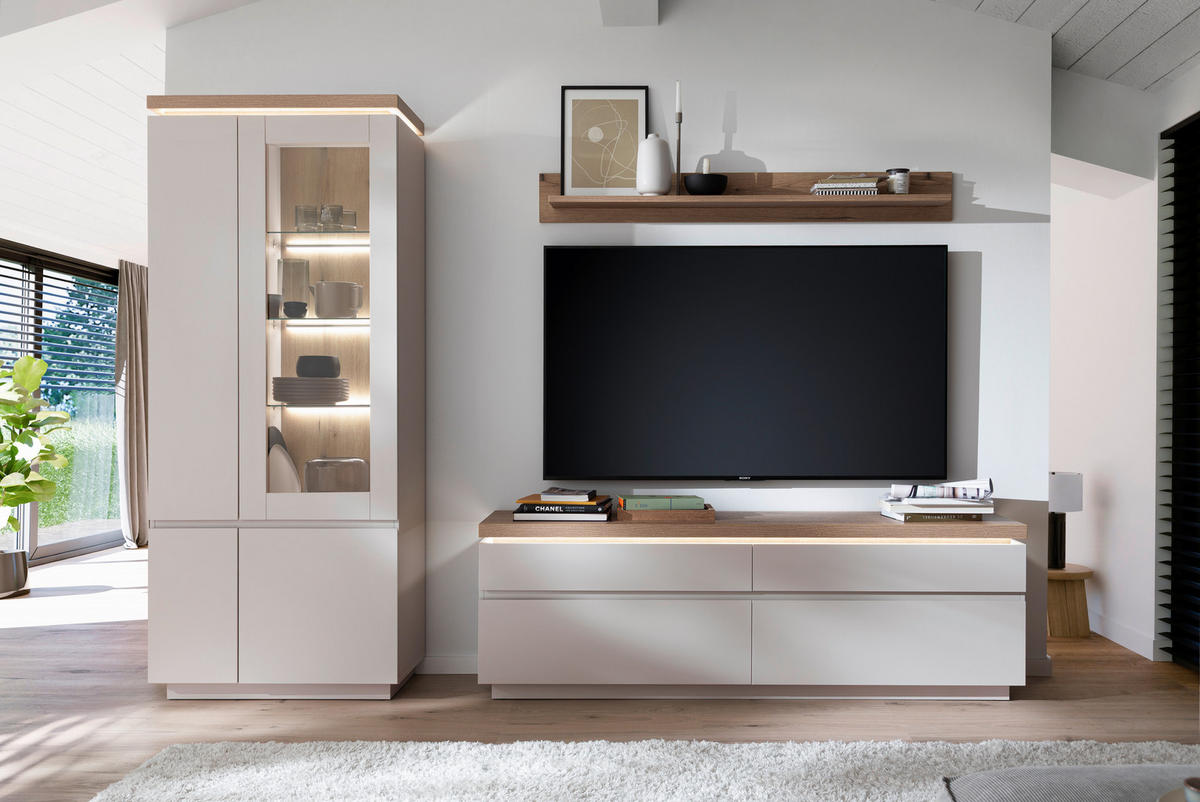 WOHNWAND 3-teilig  in Eichefarben, Kaschmir  278/197/40 cm  - Kaschmir/Eichefarben, Design, Glas/Holzwerkstoff (278/197/40cm) - Livetastic