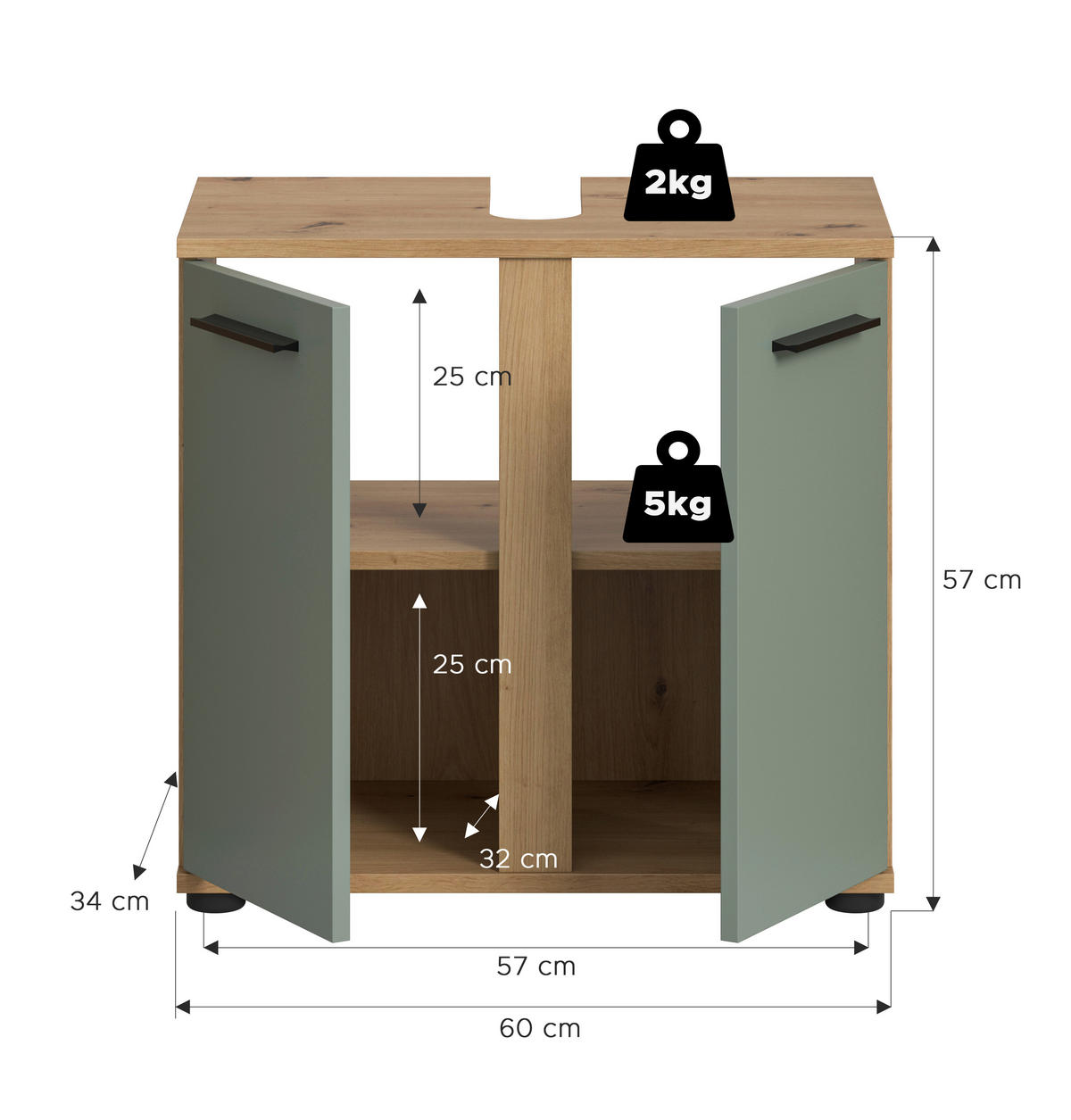 WASCHBECKENUNTERSCHRANK 60/57/34 cm  - Salbeigrün/Schwarz, Trend, Holzwerkstoff/Kunststoff (60/57/34cm) - MID.YOU