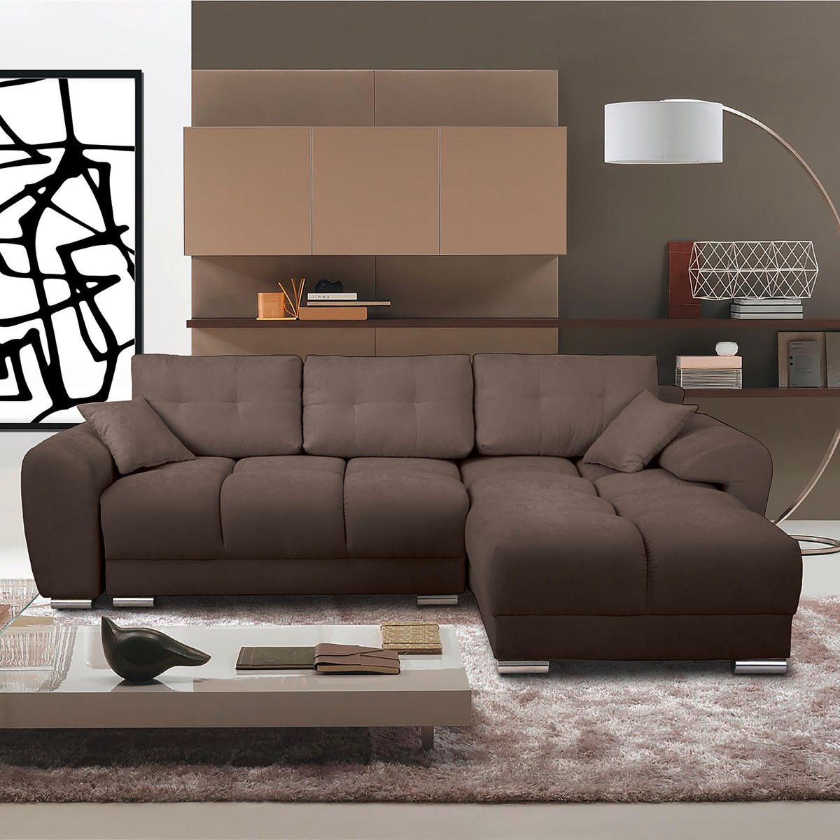 ECKSOFA in Mikrofaser Braun  - Silberfarben/Braun, Design, Textil/Metall (256/175cm) - Livetastic