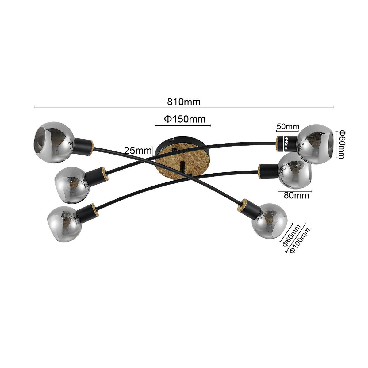 Plafonieră    84/72/18 cm  - culoare lemn frasin/negru, Basics, sticlă/metal (84/72/18cm) - Novel