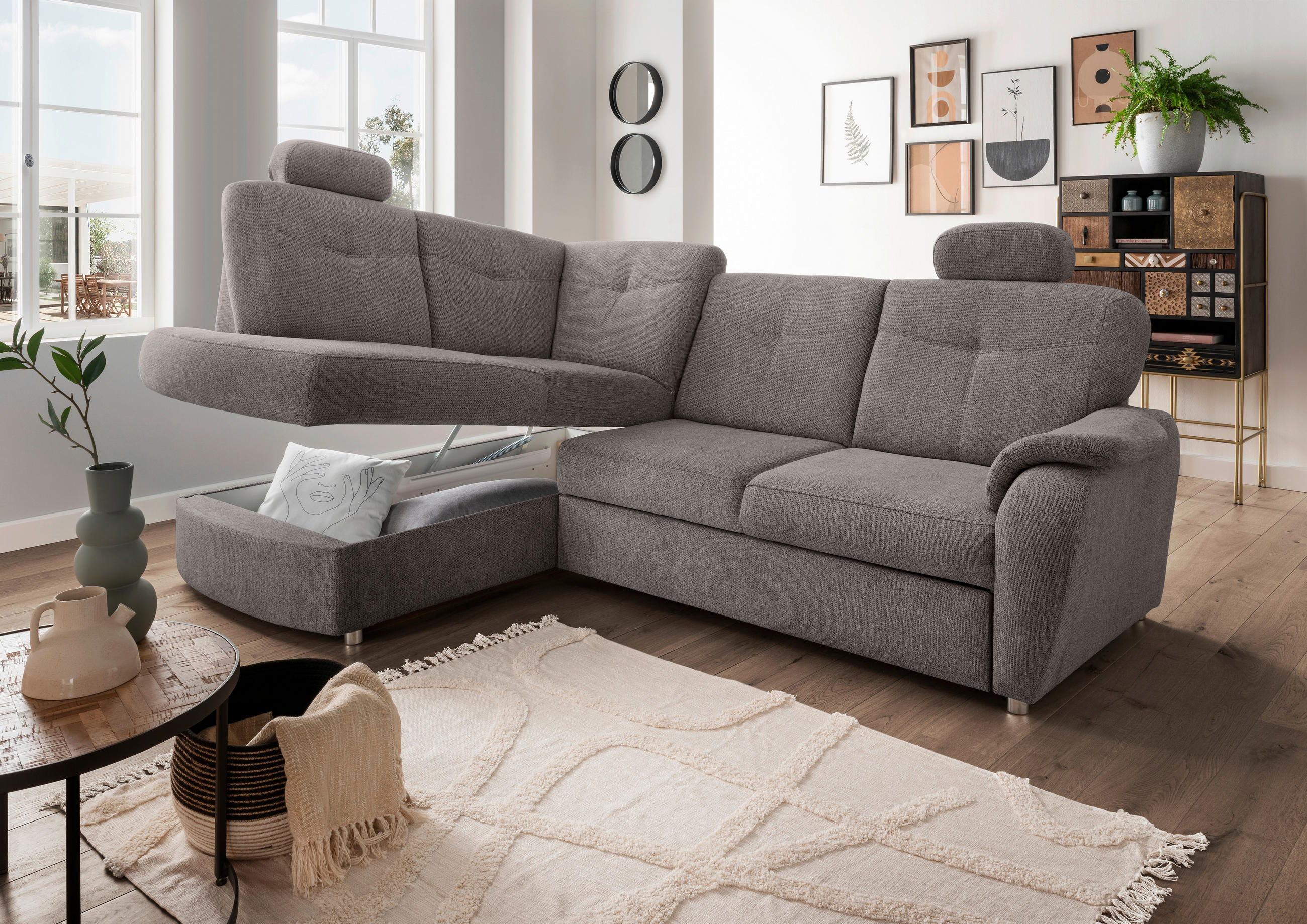 ECKSCHLAFSOFA Chenille Graubraun  - Chromfarben/Graubraun, MODERN, Kunststoff/Textil (180/264cm) - Livetastic