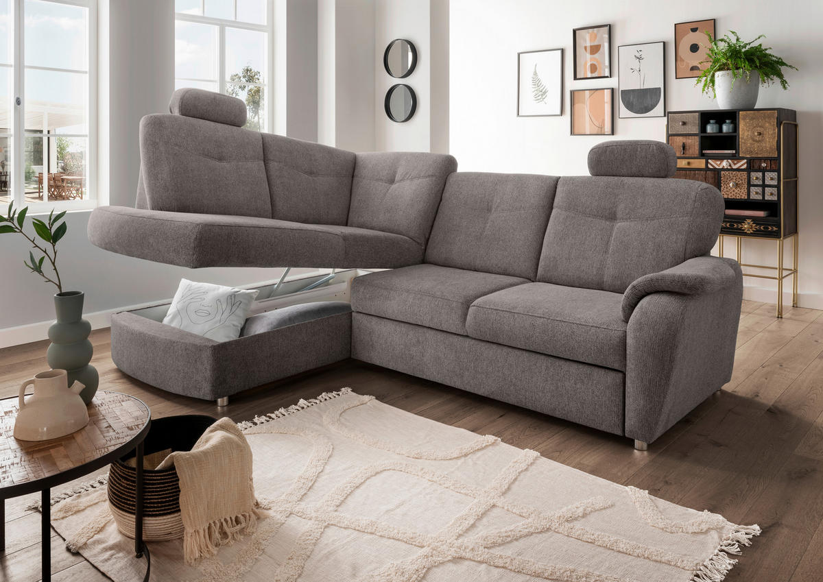 ECKSCHLAFSOFA  mit Liegefunktion, seitenverkehrt erhältlich, Schlafen auf Sitzhöhe, Rücken echt, Armteil rechts Chenille Graubraun  - Chromfarben/Graubraun, MODERN, Kunststoff/Textil (180/264cm) - Livetastic