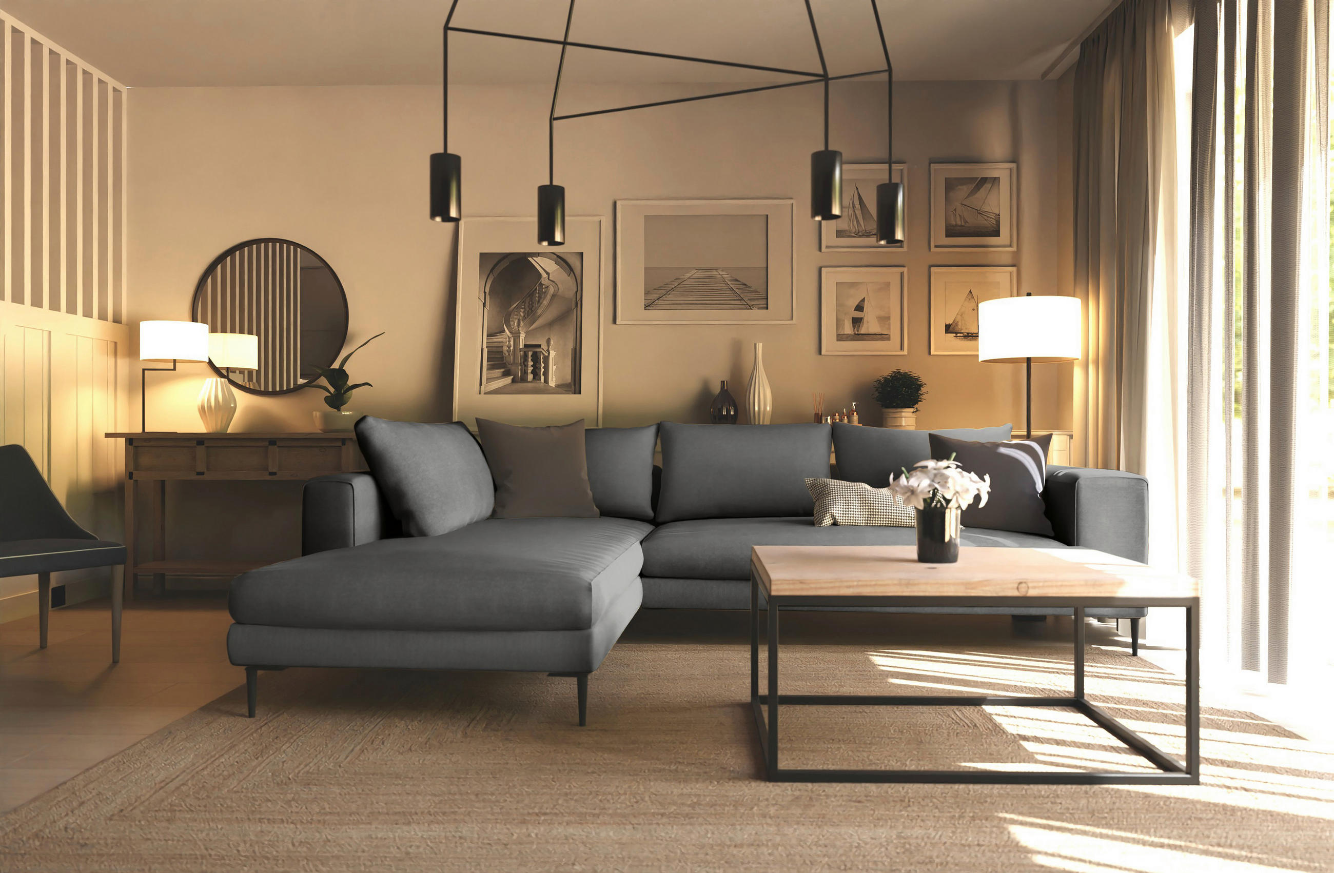 Thumbnail - Trendmanufaktur Ecksofa Aurora, Dunkelgrau, Textil, 4-Sitzer, Füllung: Schaumstoff, Silikon, Ottomane links, L-Form, 295...