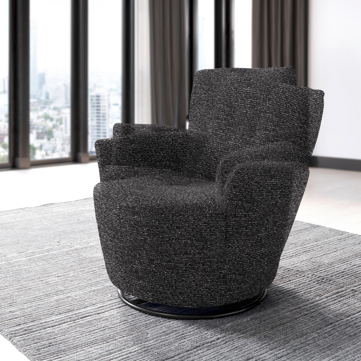 SESSEL in Chenille, Flachgewebe Dunkelgrau  - Dunkelgrau/Schwarz, Design, Textil/Metall (81/92/84cm) - Xora