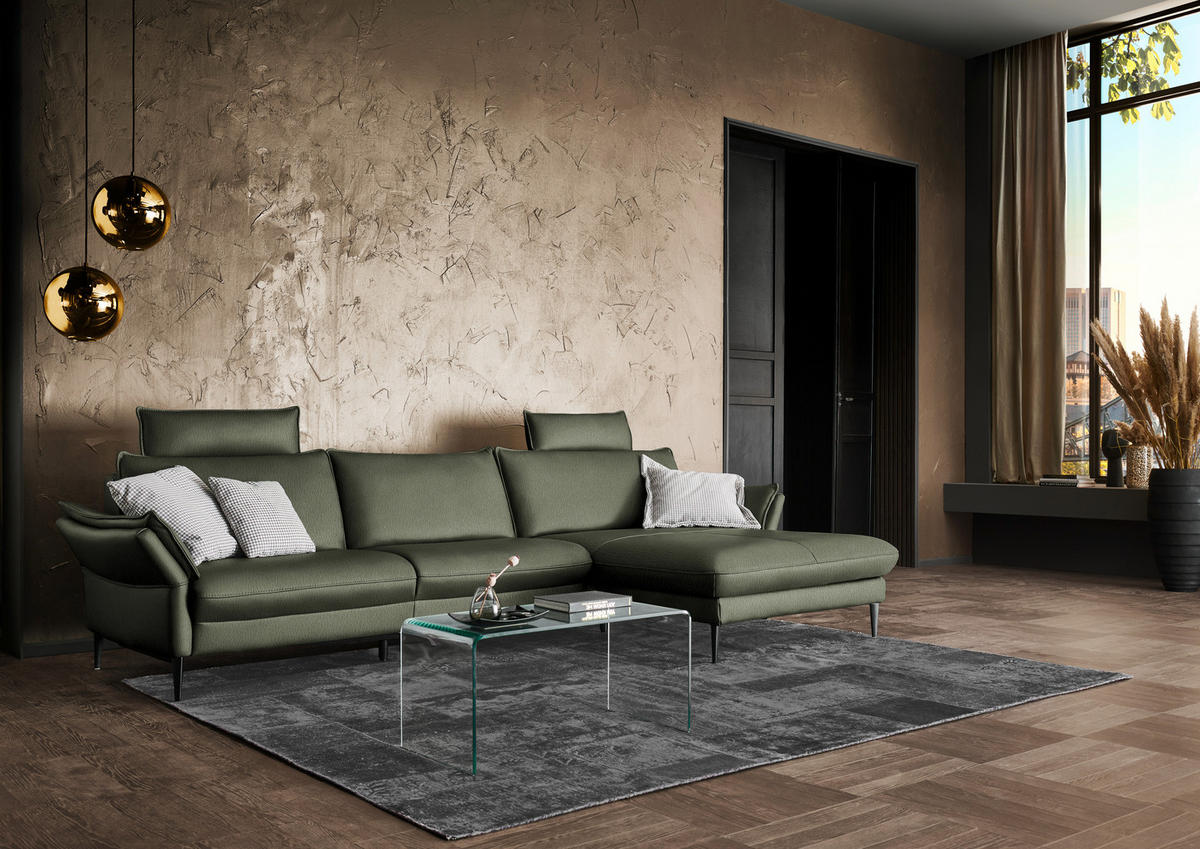 ECKSOFA in Echtleder Dunkelgrün  - Dunkelgrün/Schwarz, Design, Leder/Metall (334/172cm) - Hukla