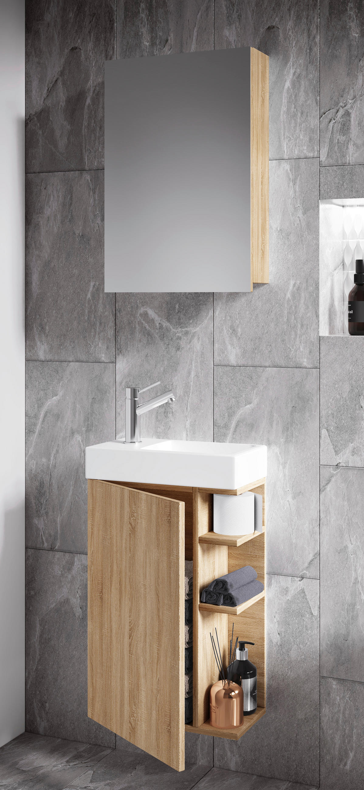 GÄSTEBAD - Weiss/Sonoma Eiche, Modern, Glas/Keramik (40cm) - MID.YOU