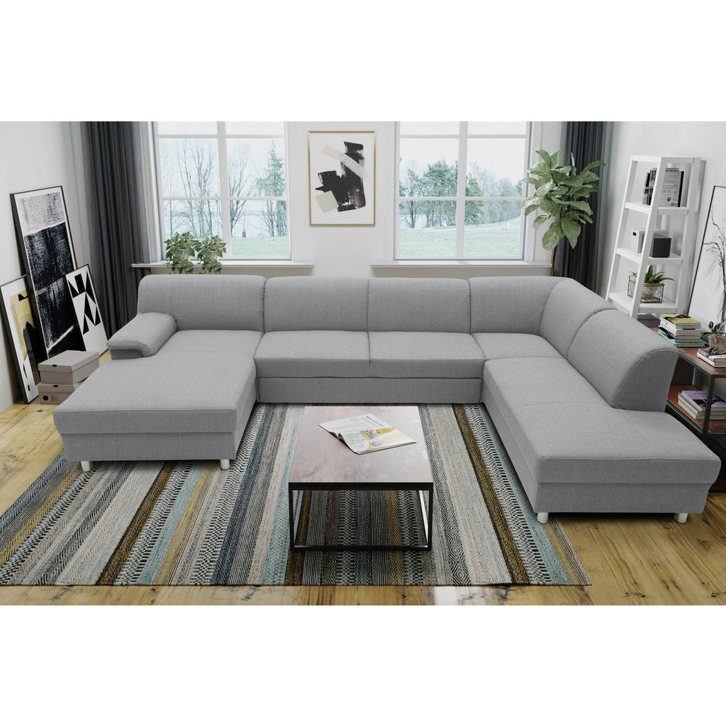 Thumbnail - Mid.you Wohnlandschaft, Silber, Textil, Uni, 5-Sitzer, Ottomane rechts, U-Form, 308x195 cm, Made in EU, Schlafen auf Sit...