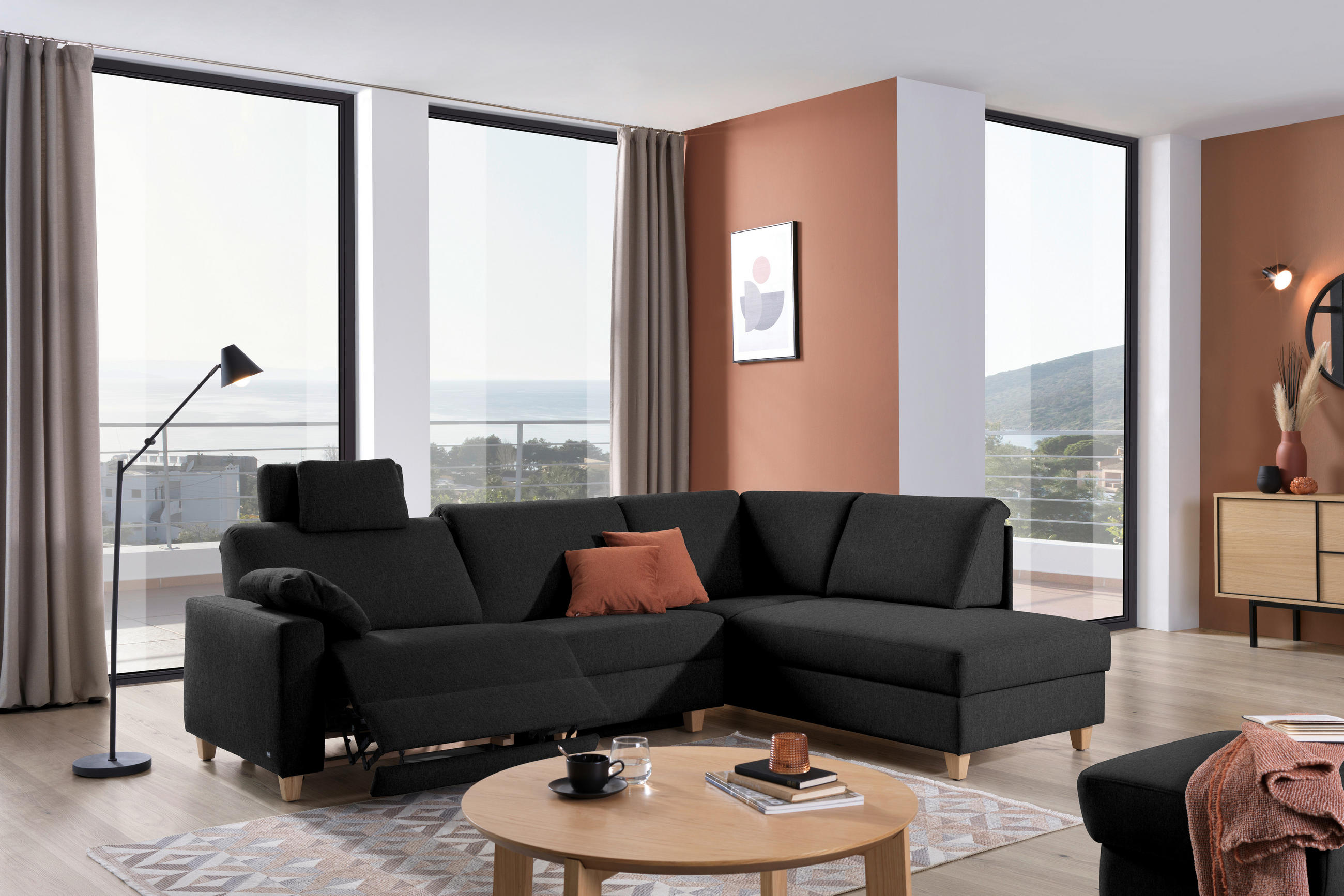 ECKSOFA in Flachgewebe Anthrazit  261/203 cm  - Eichefarben/Anthrazit, KONVENTIONELL, Holz/Textil (261/203cm) - Sedda