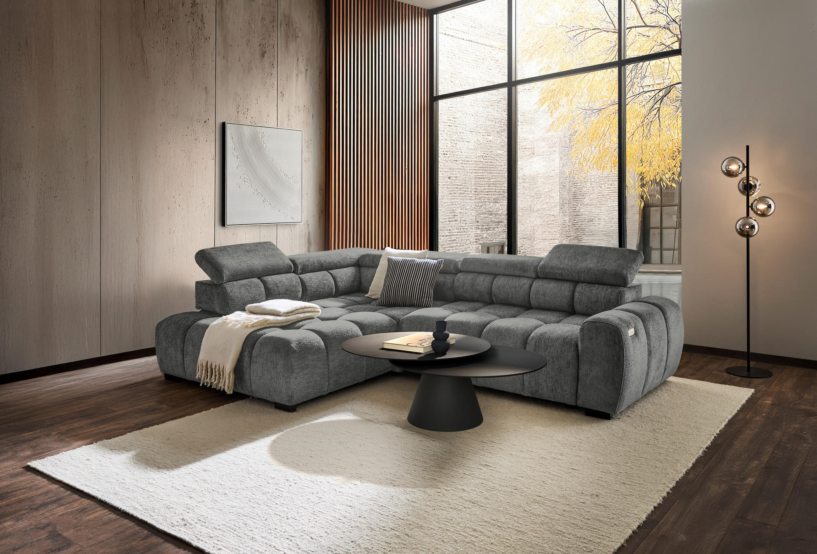 ECKSOFA inkl. Funktionen Ottomane links  Grau Webstoff  - Schwarz/Grau, MODERN, Kunststoff/Textil (205/297cm) - Welnova