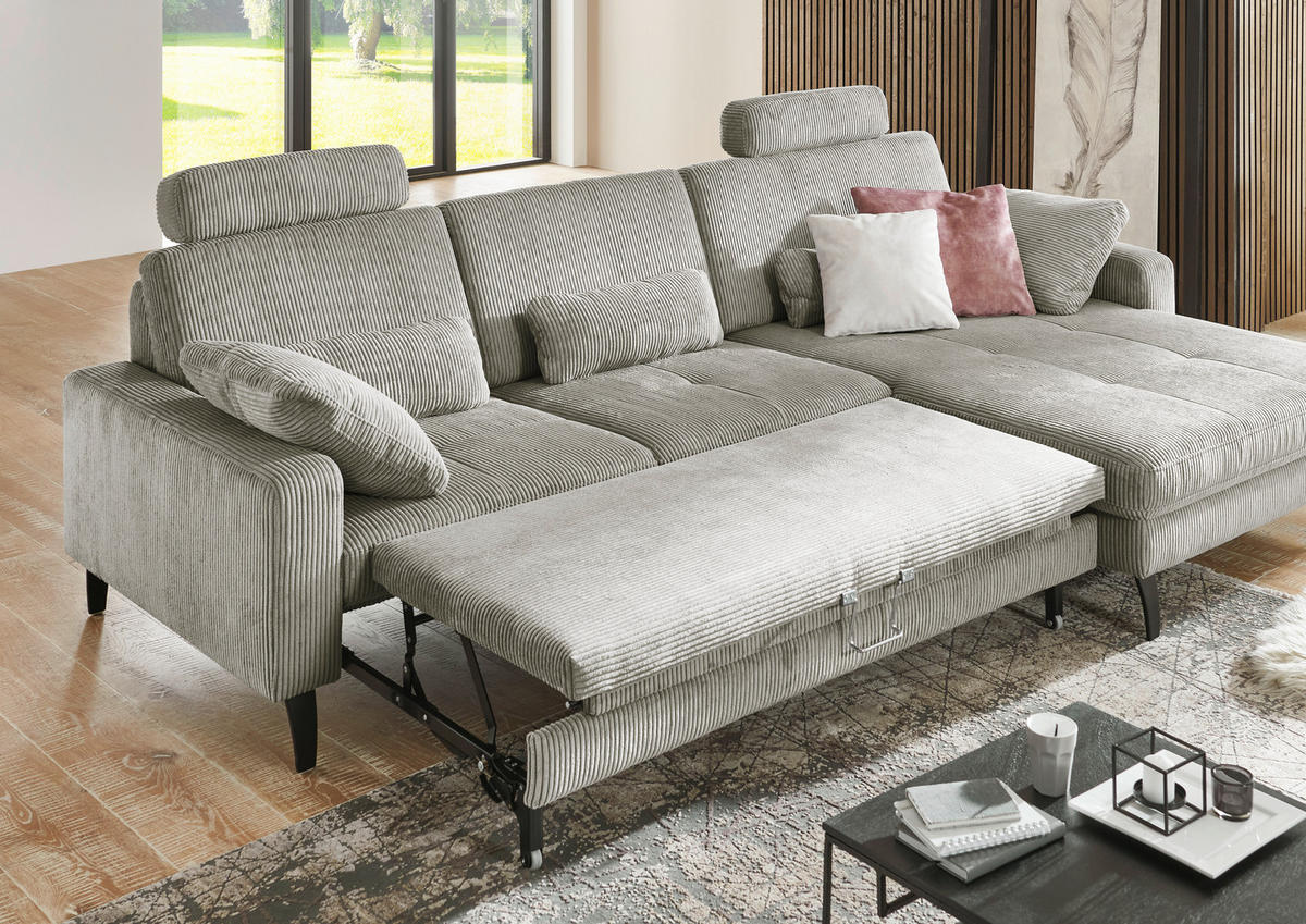 ECKSOFA in Cord Greige  - Greige/Schwarz, Modern, Textil/Metall (302/177cm) - Beldomo Style
