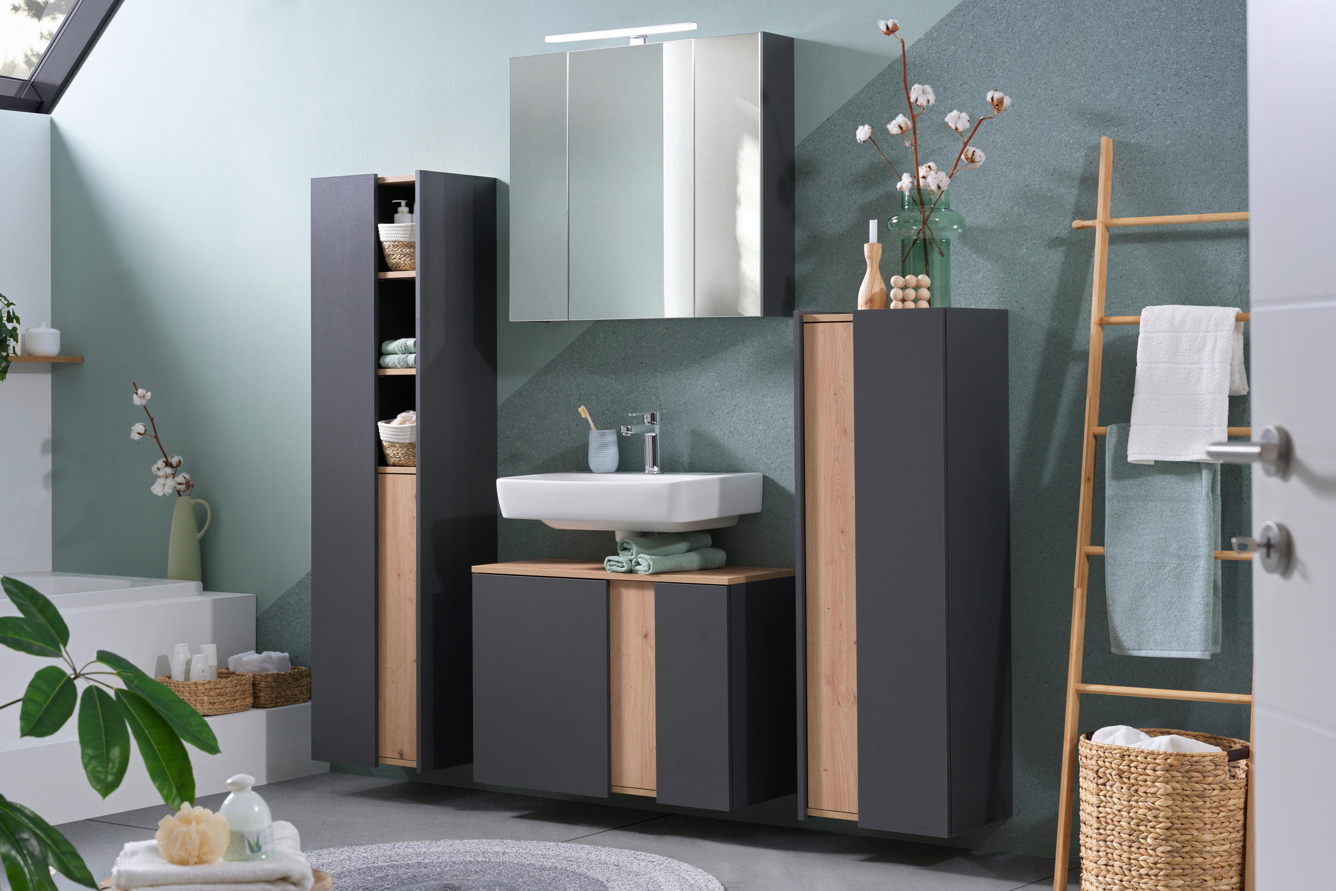 Thumbnail - home24 Midischrank Palium, Anthrazit, Eiche Artisan, Holzwerkstoff, 2 Fächer, 40.2x120x31.7 cm, Beimöbel erhältlich, hän...