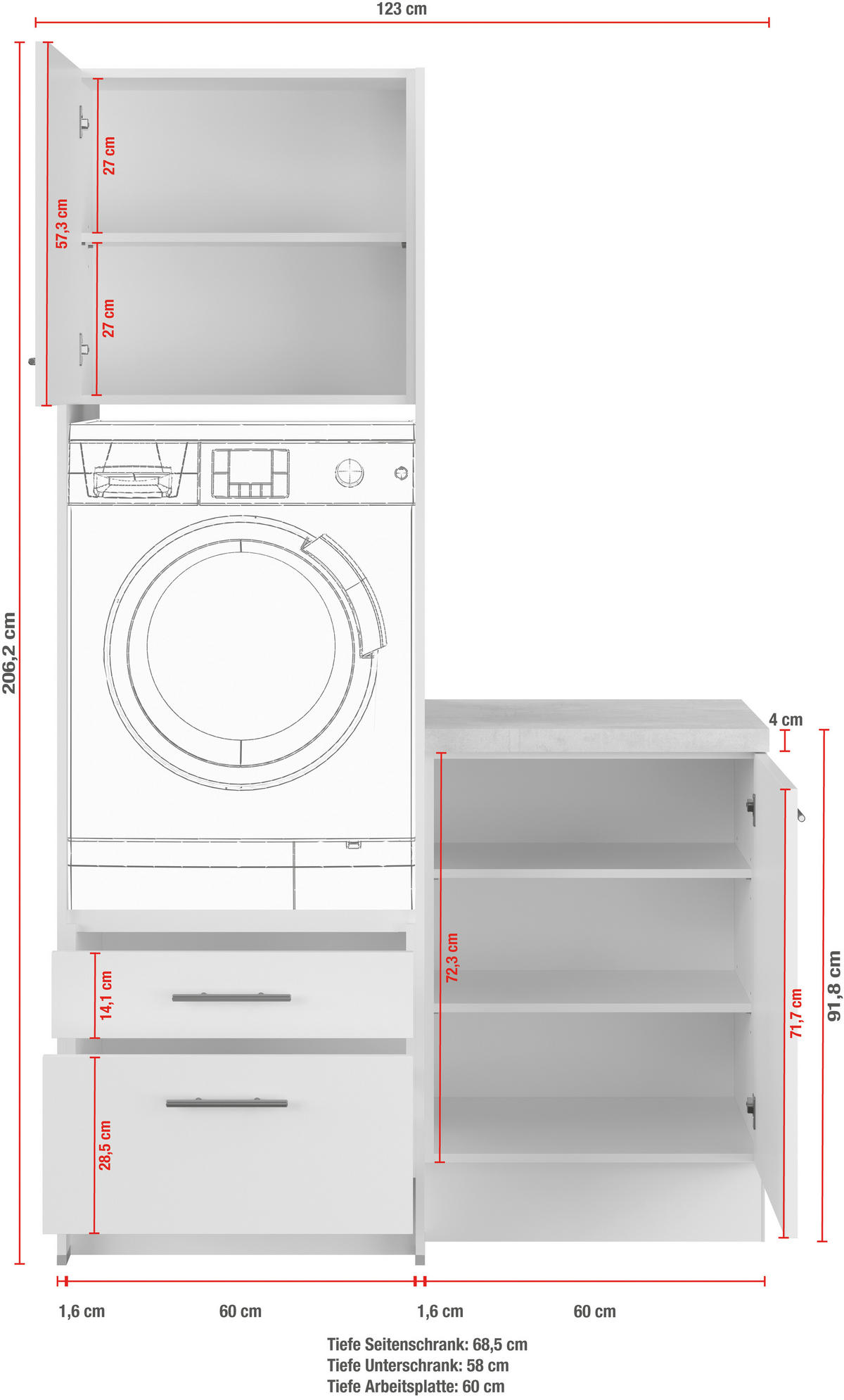 WASCHMASCHINENSCHRANK 123/206,2/58 cm  in Weiß  - Weiß, Basics, Holzwerkstoff (123/206,2/58cm) - Impuls