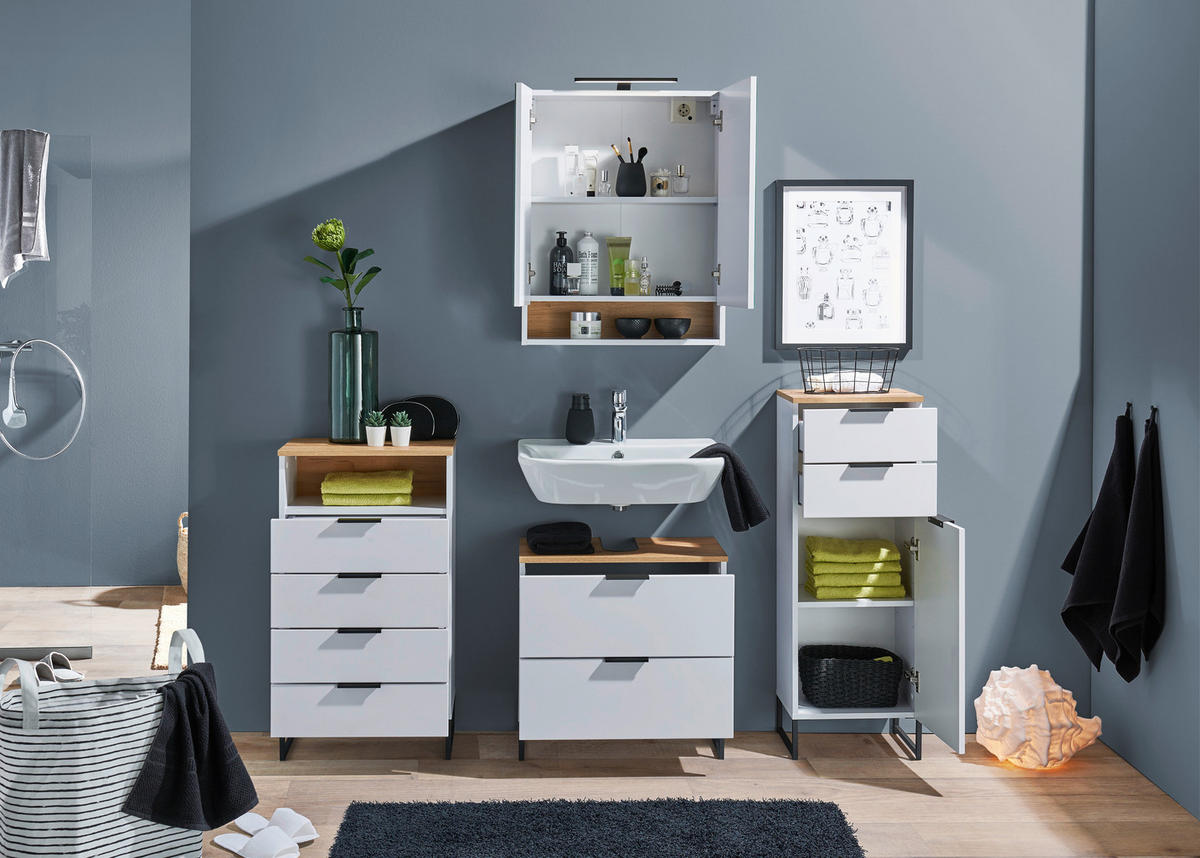 MIDISCHRANK 38/106/32 cm  - Eichefarben/Schwarz, KONVENTIONELL, Holzwerkstoff/Metall (38/106/32cm) - home24